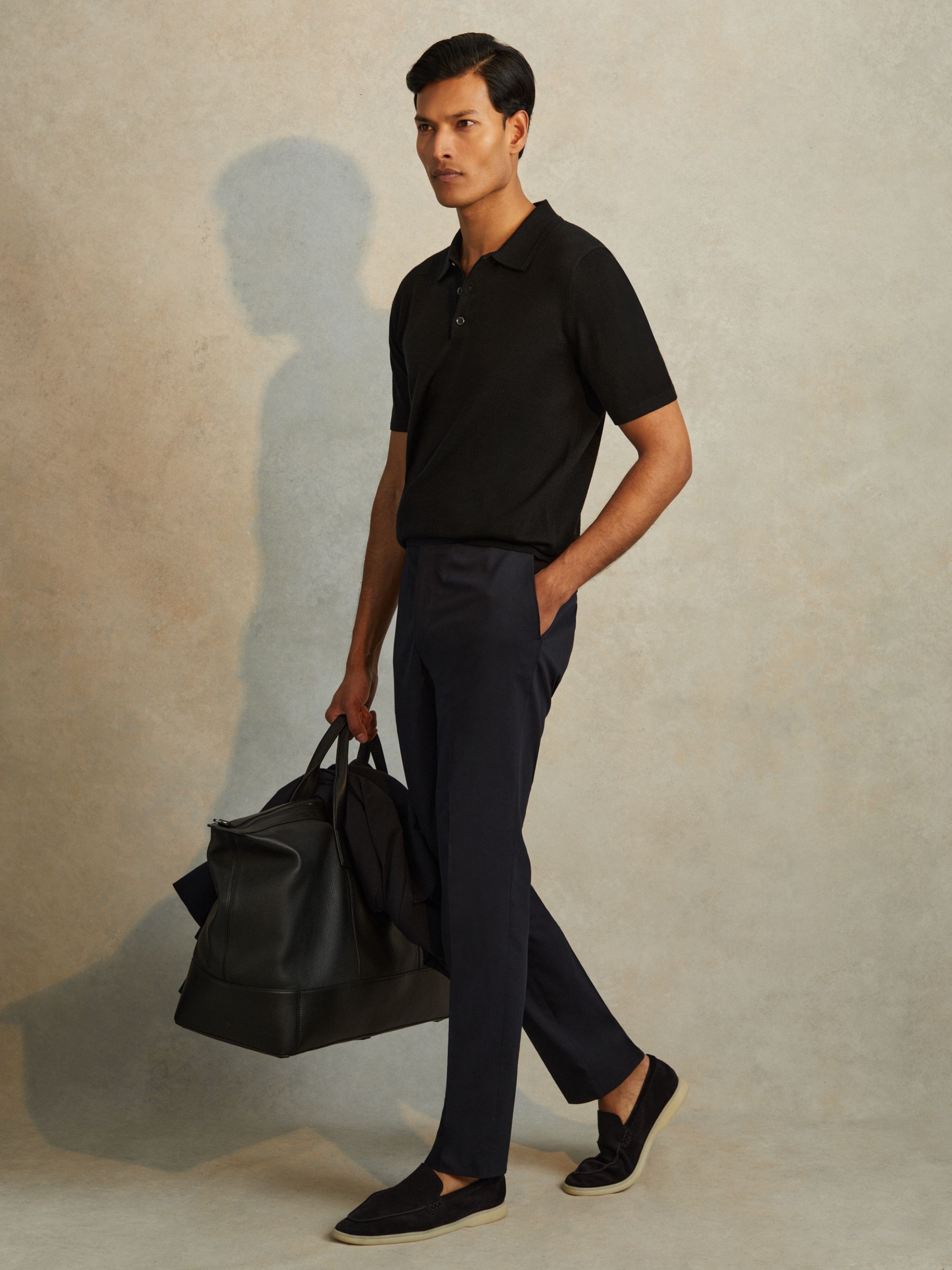 Merino Wool Short-Sleeve Polo Shirt in Black - Image 3 of 6