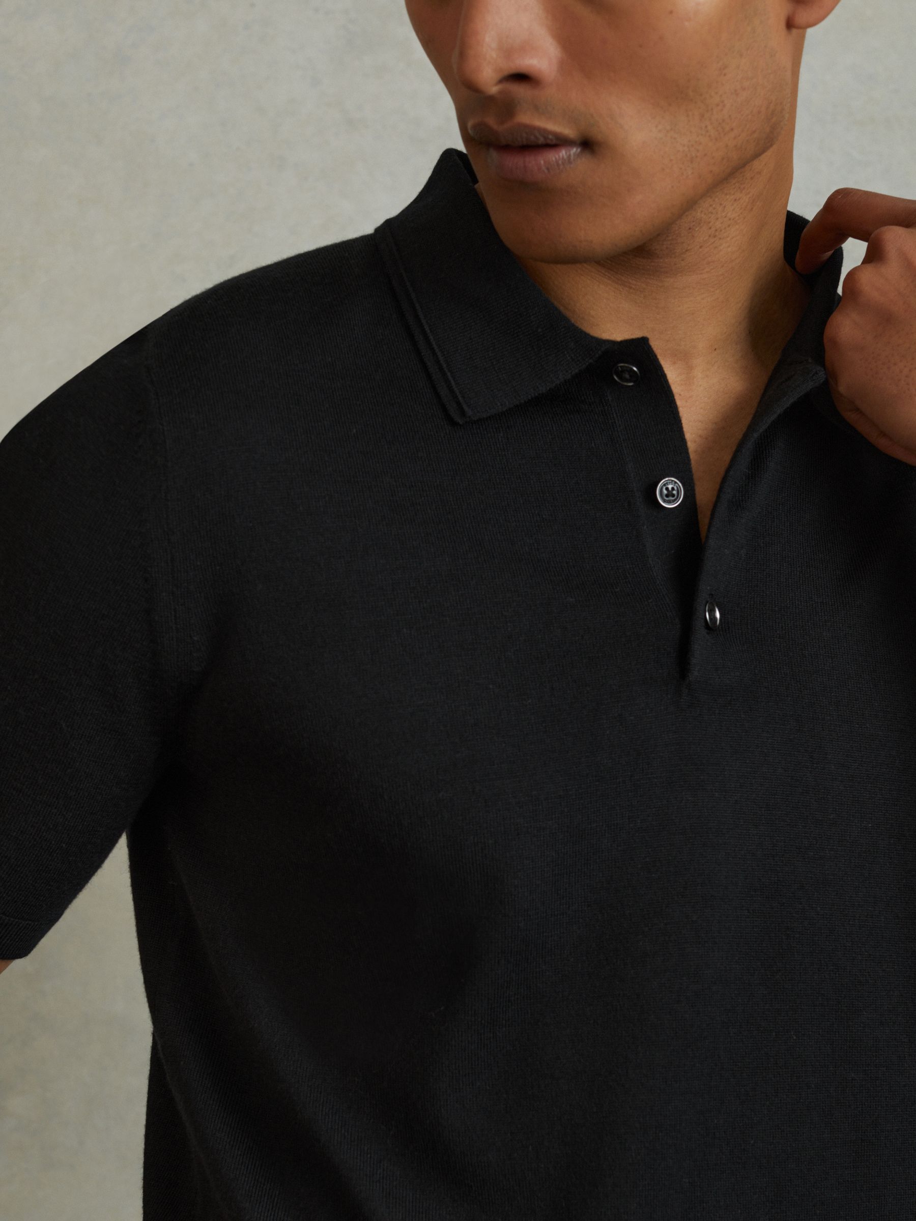 Merino Wool Short-Sleeve Polo Shirt in Black - Image 4 of 6