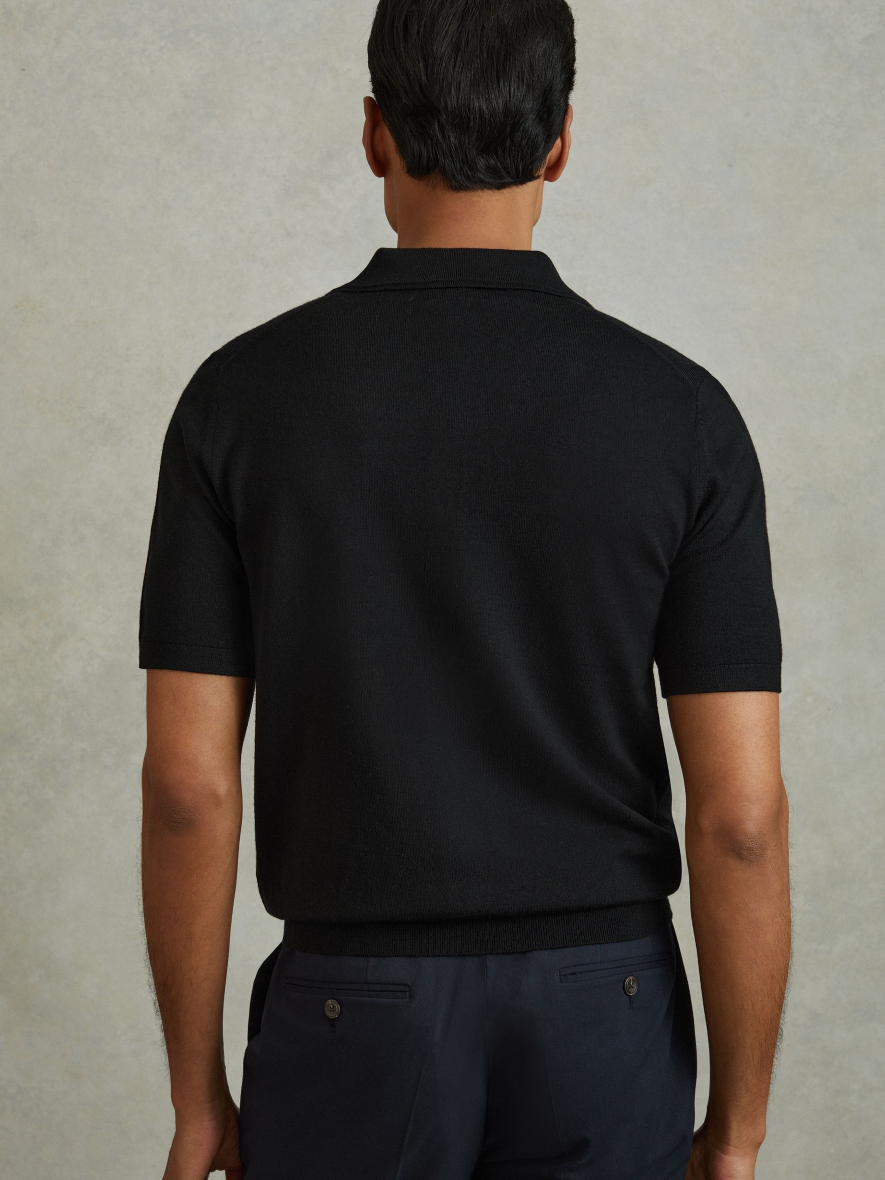 Merino Wool Short-Sleeve Polo Shirt in Black - Image 5 of 6