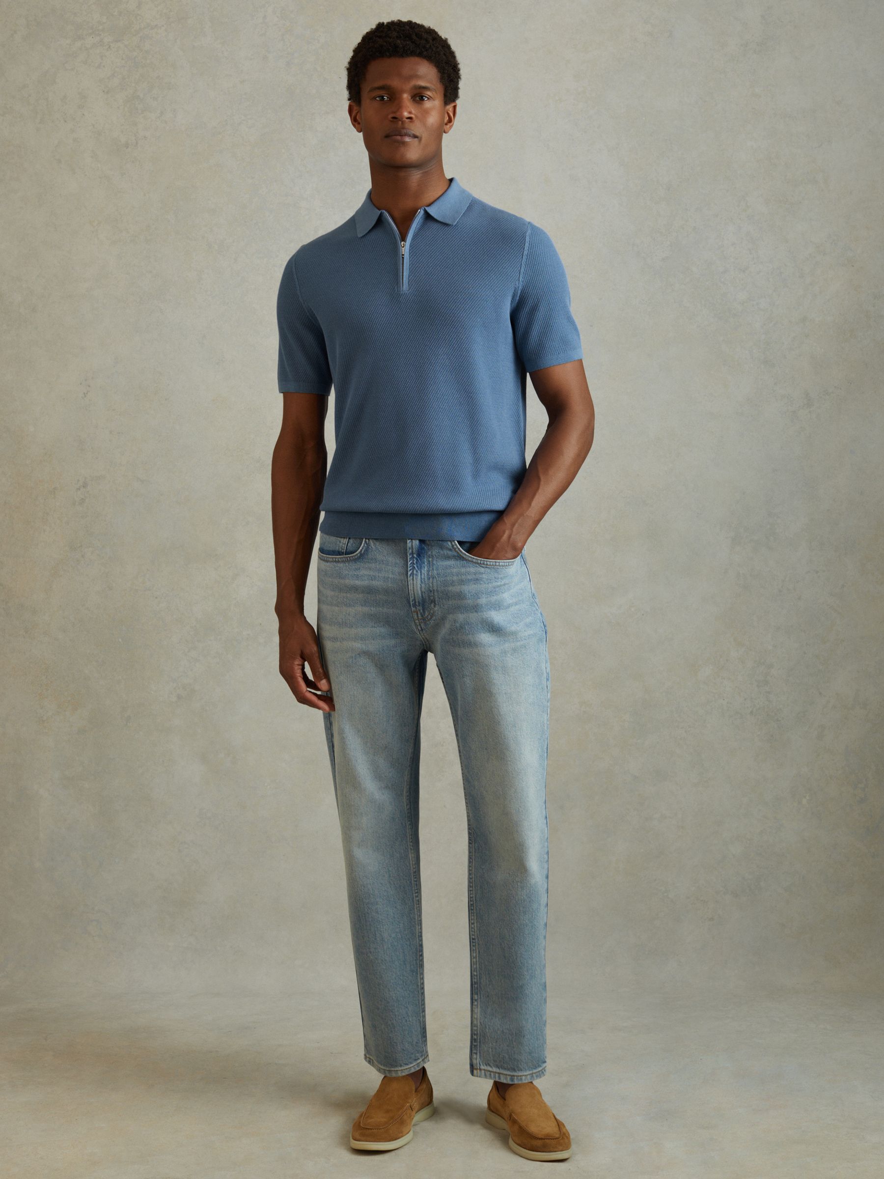 Textured Half-Zip Polo Shirt in Blue - Image 1 of 5