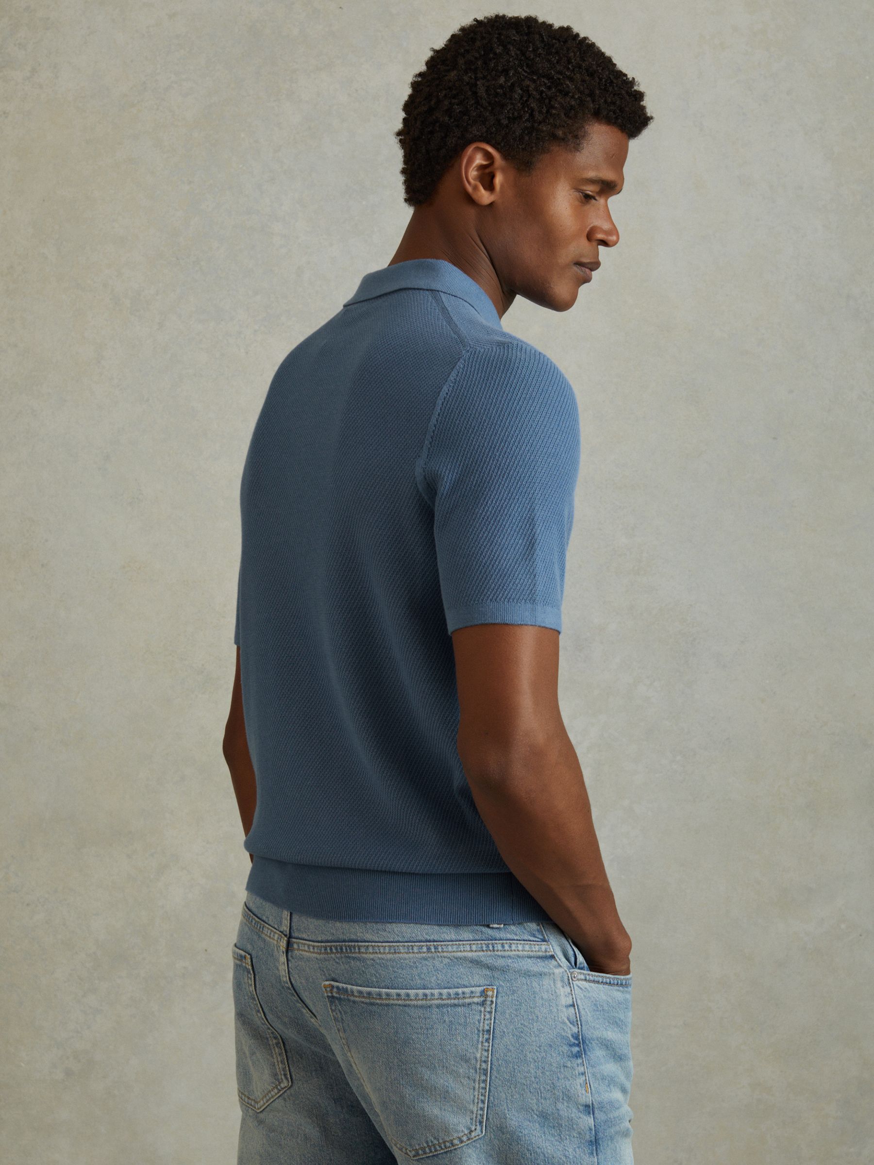 Reiss Textured Half-Zip Polo Shirt in Blue | REISS