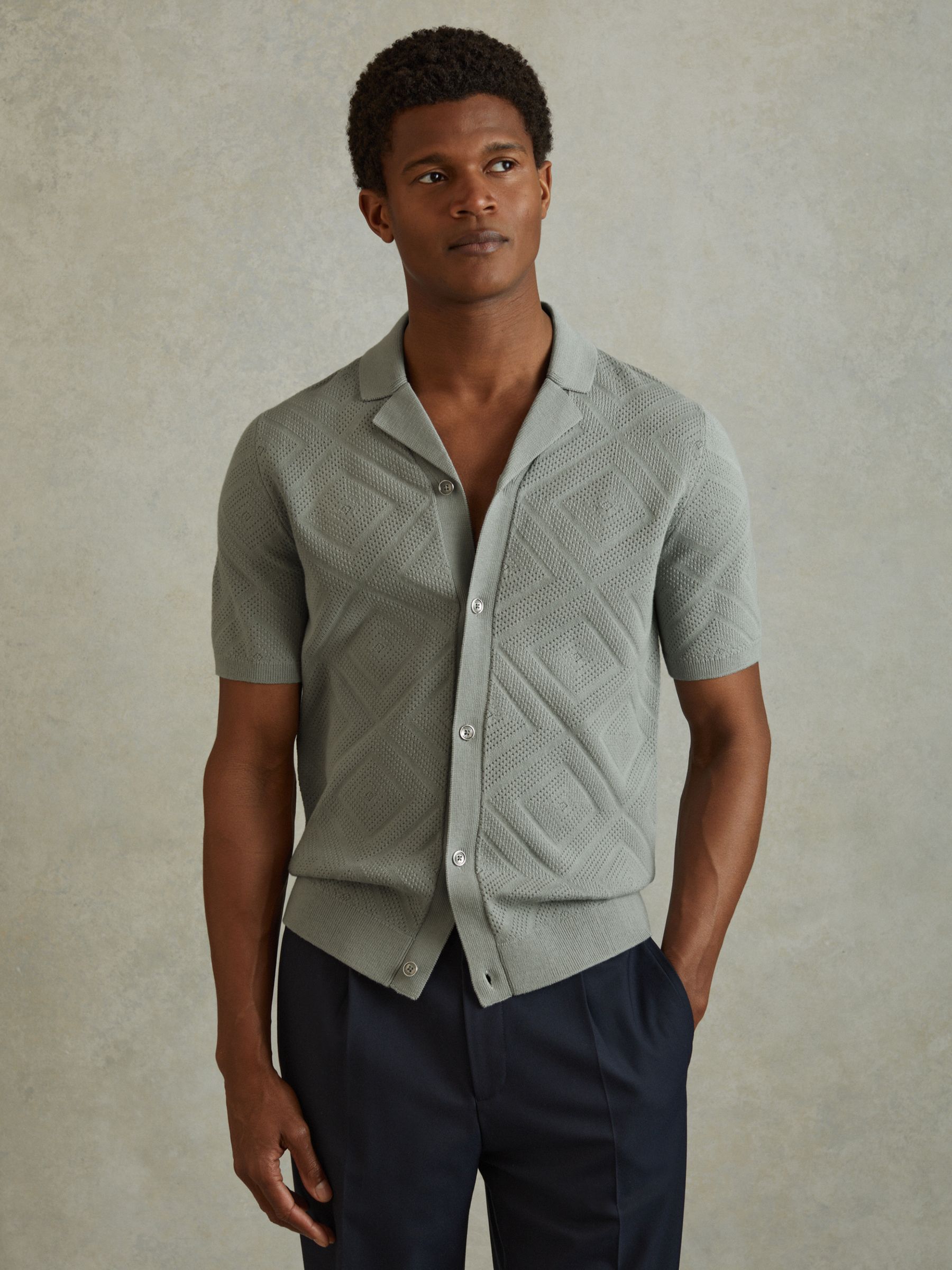 Cotton Cuban Collar Shirt in Soft Sage - Image 1 of 5