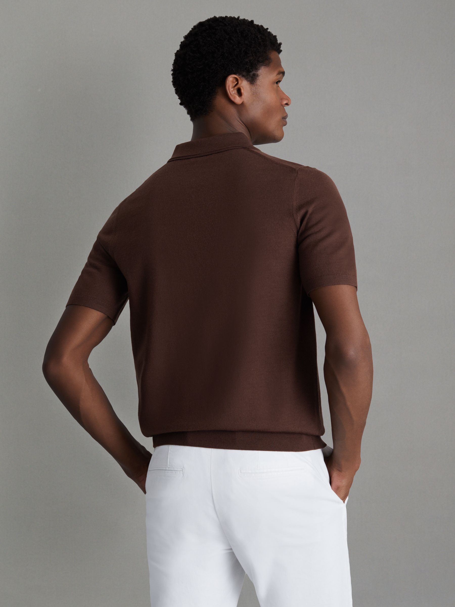 Merino Wool Half-Zip Polo Shirt in Treacle Brown - Image 4 of 5