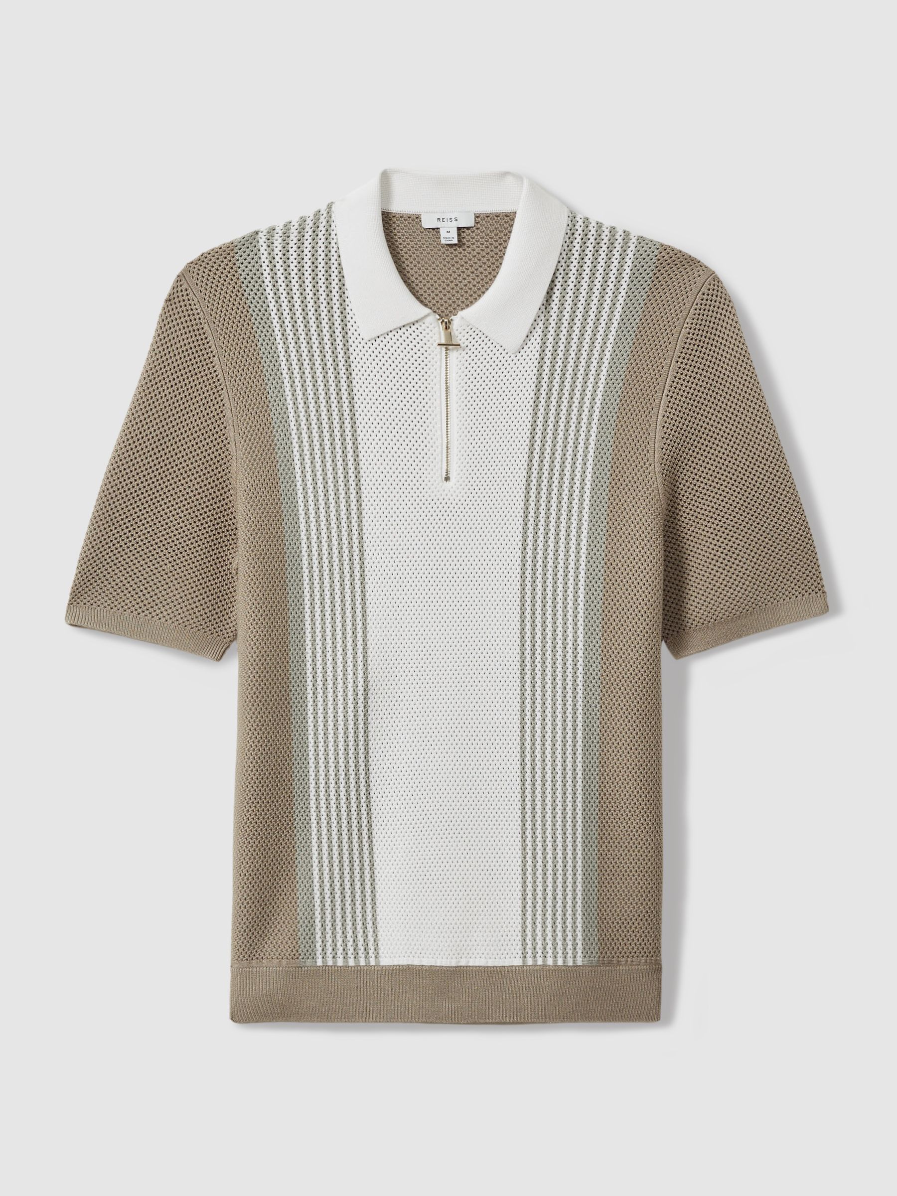 Open-Stitch Half-Zip Polo Shirt in Camel/White - Image 2 of 5