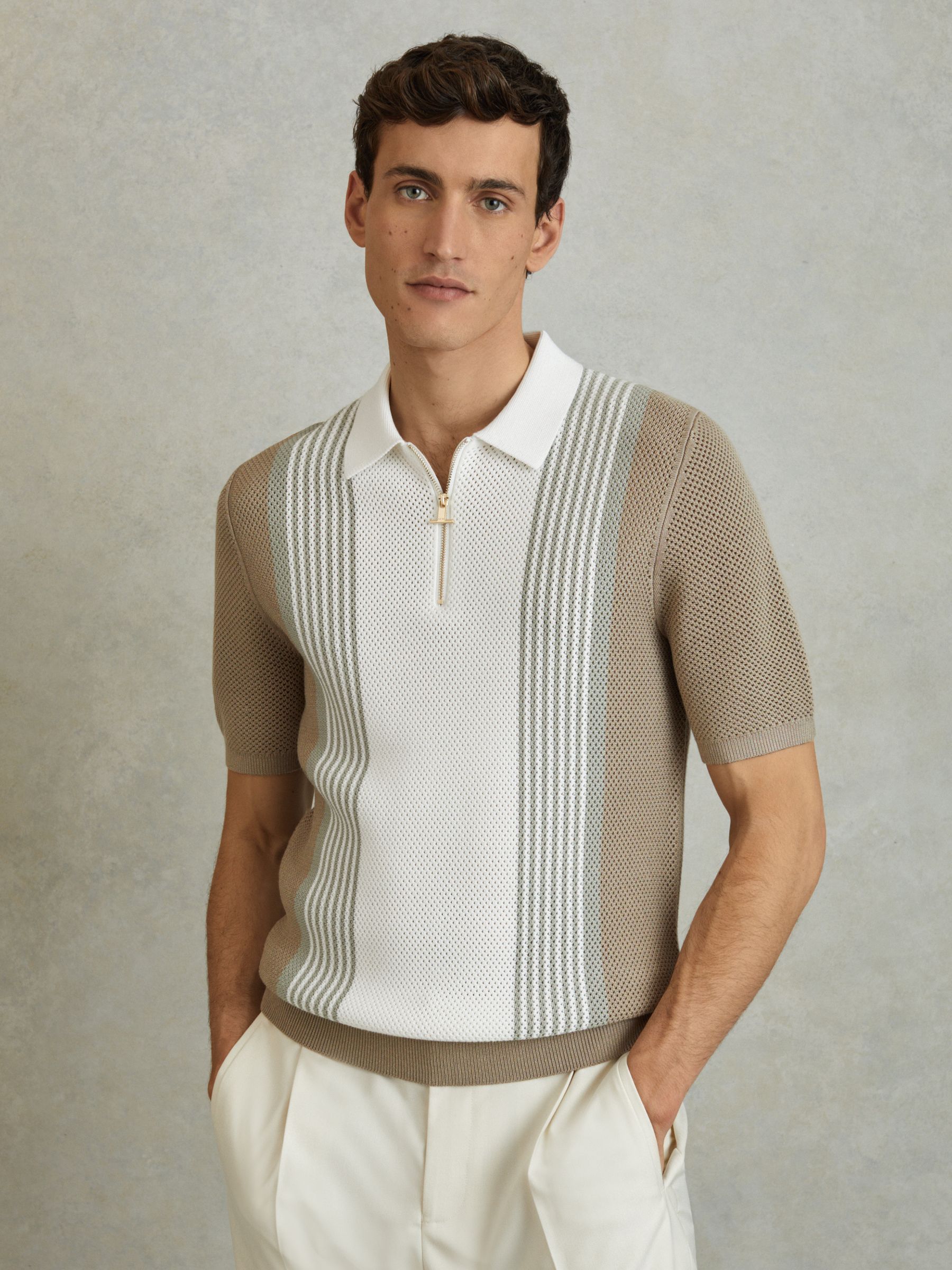 Open-Stitch Half-Zip Polo Shirt in Camel/White - Image 3 of 5