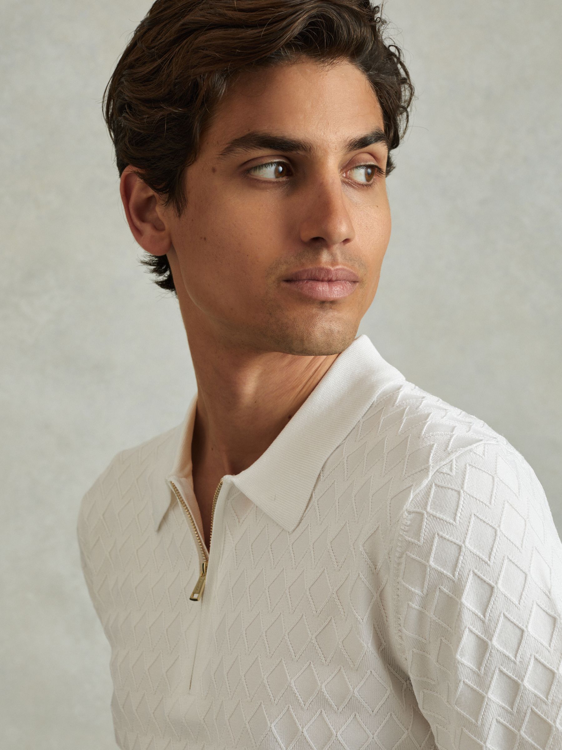 Half Zip Knitted Polo Shirt in White - Image 3 of 5