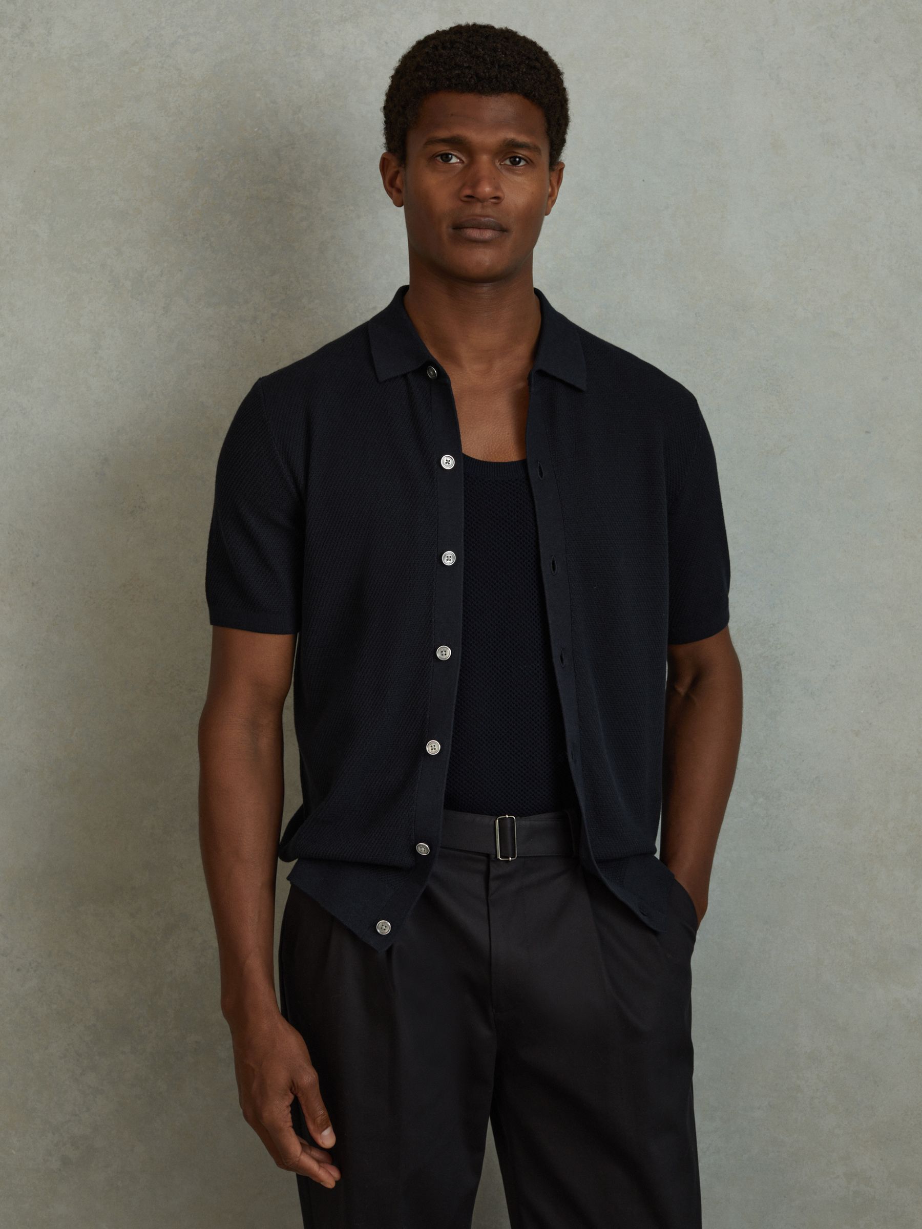 Cotton Blend Textured Shirt in Navy - Image 1 of 6