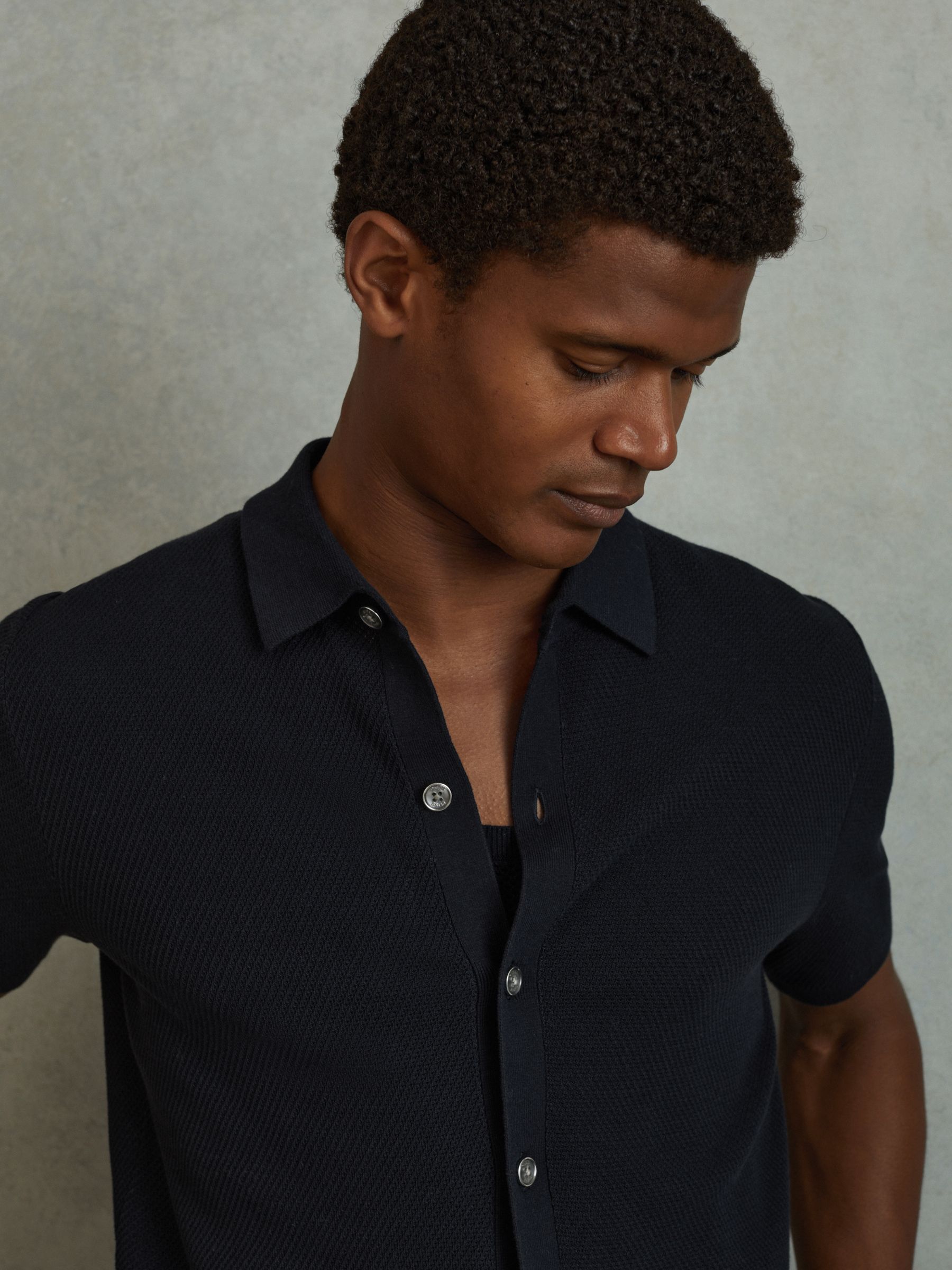 Cotton Blend Textured Shirt in Navy - Image 4 of 6