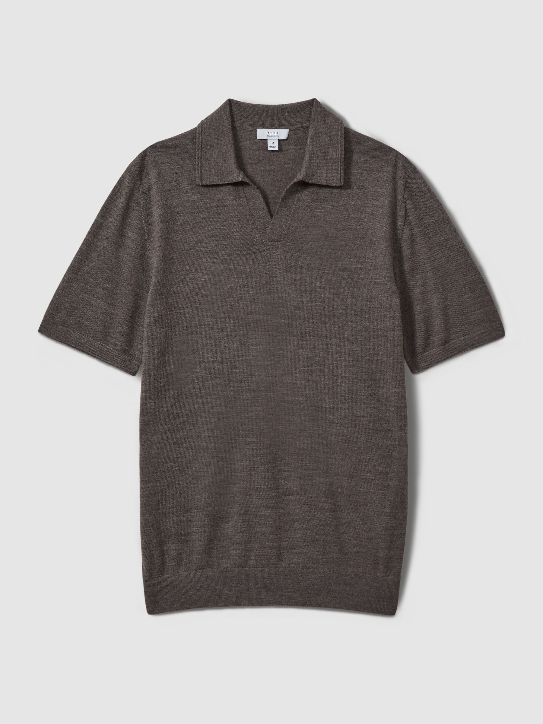 Merino Wool Open Collar Polo Shirt in Dark Brown Melange - Image 2 of 5