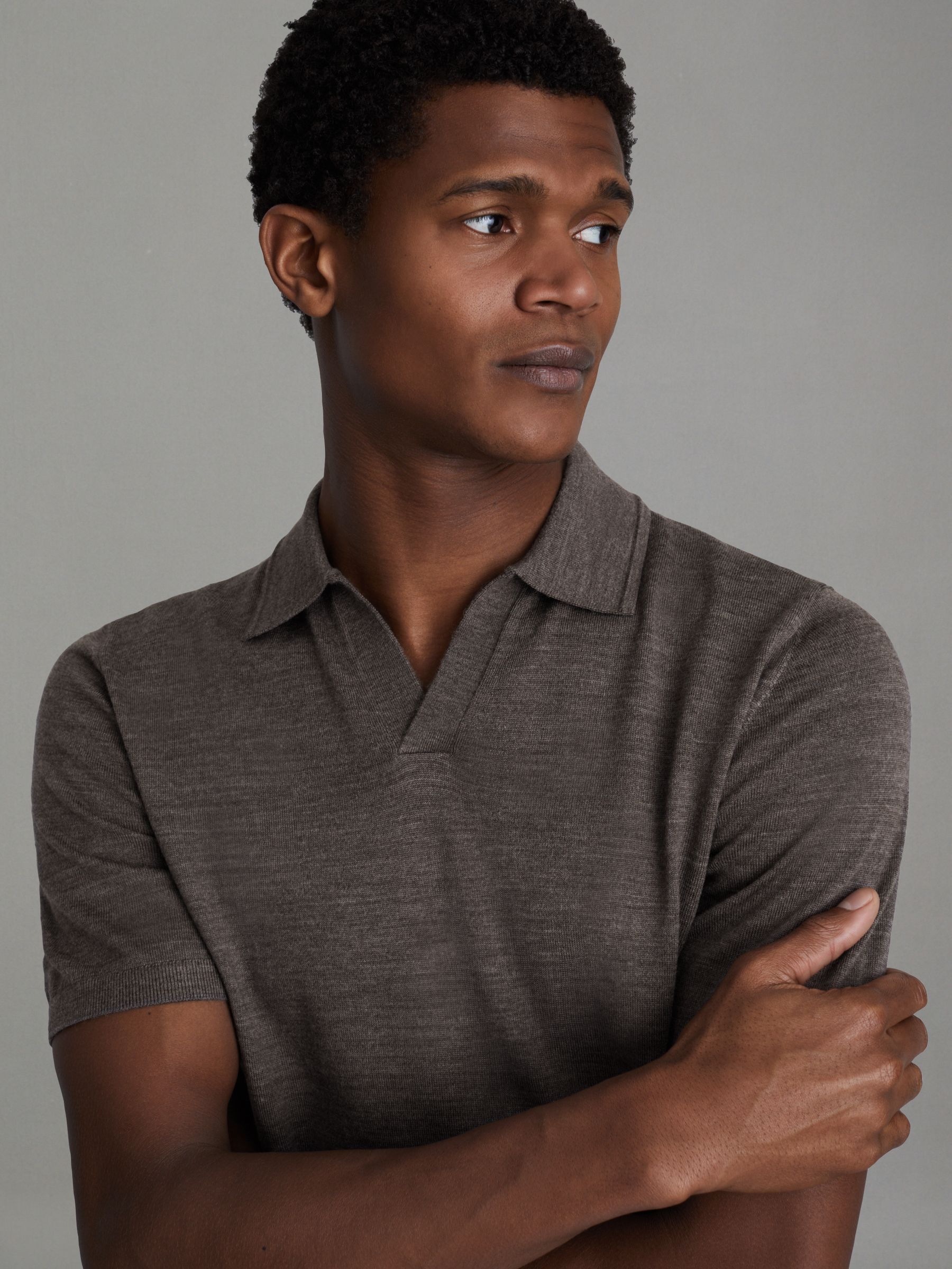 Merino Wool Open Collar Polo Shirt in Dark Brown Melange - Image 3 of 5