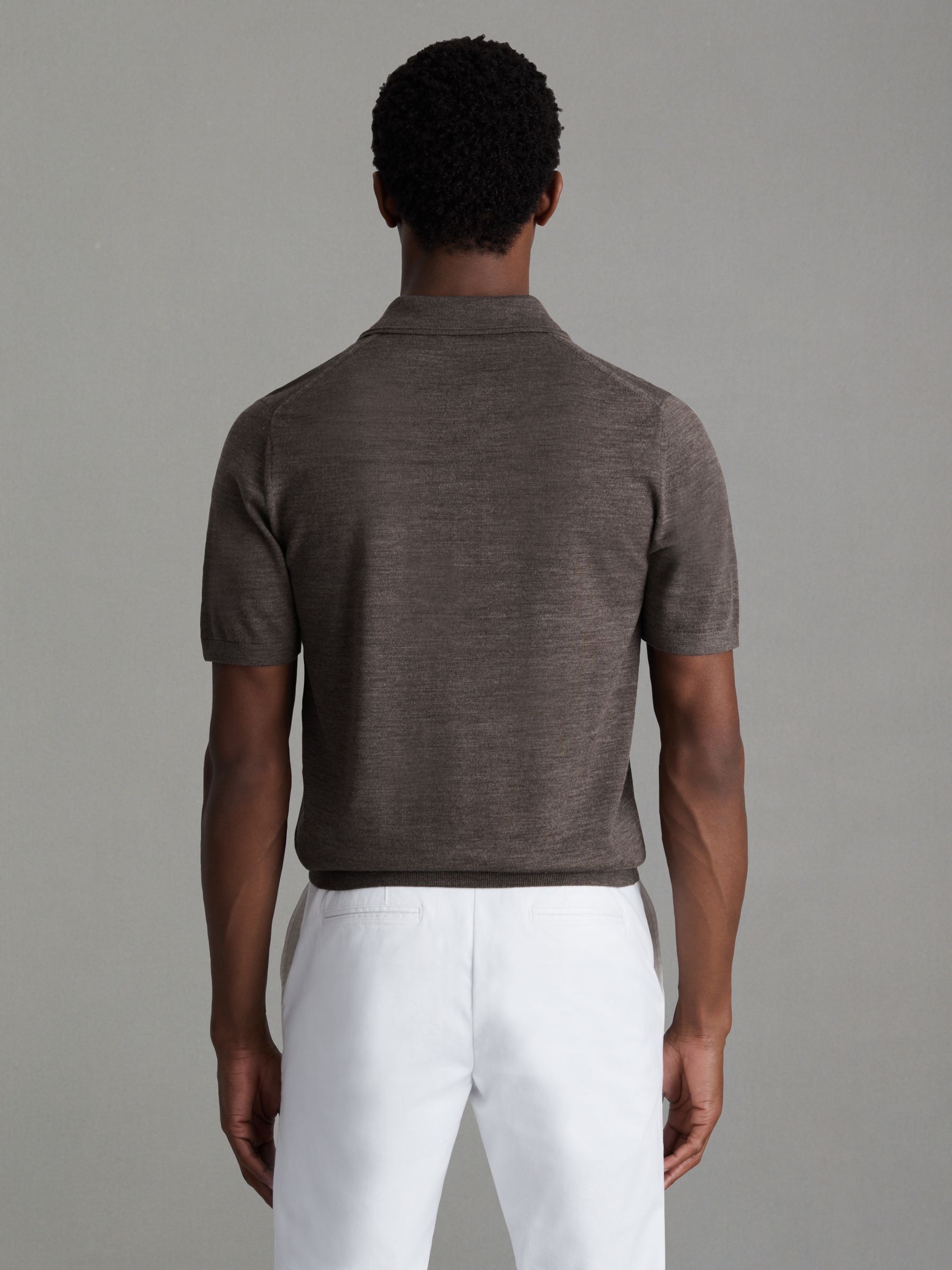 Merino Wool Open Collar Polo Shirt in Dark Brown Melange - Image 4 of 5