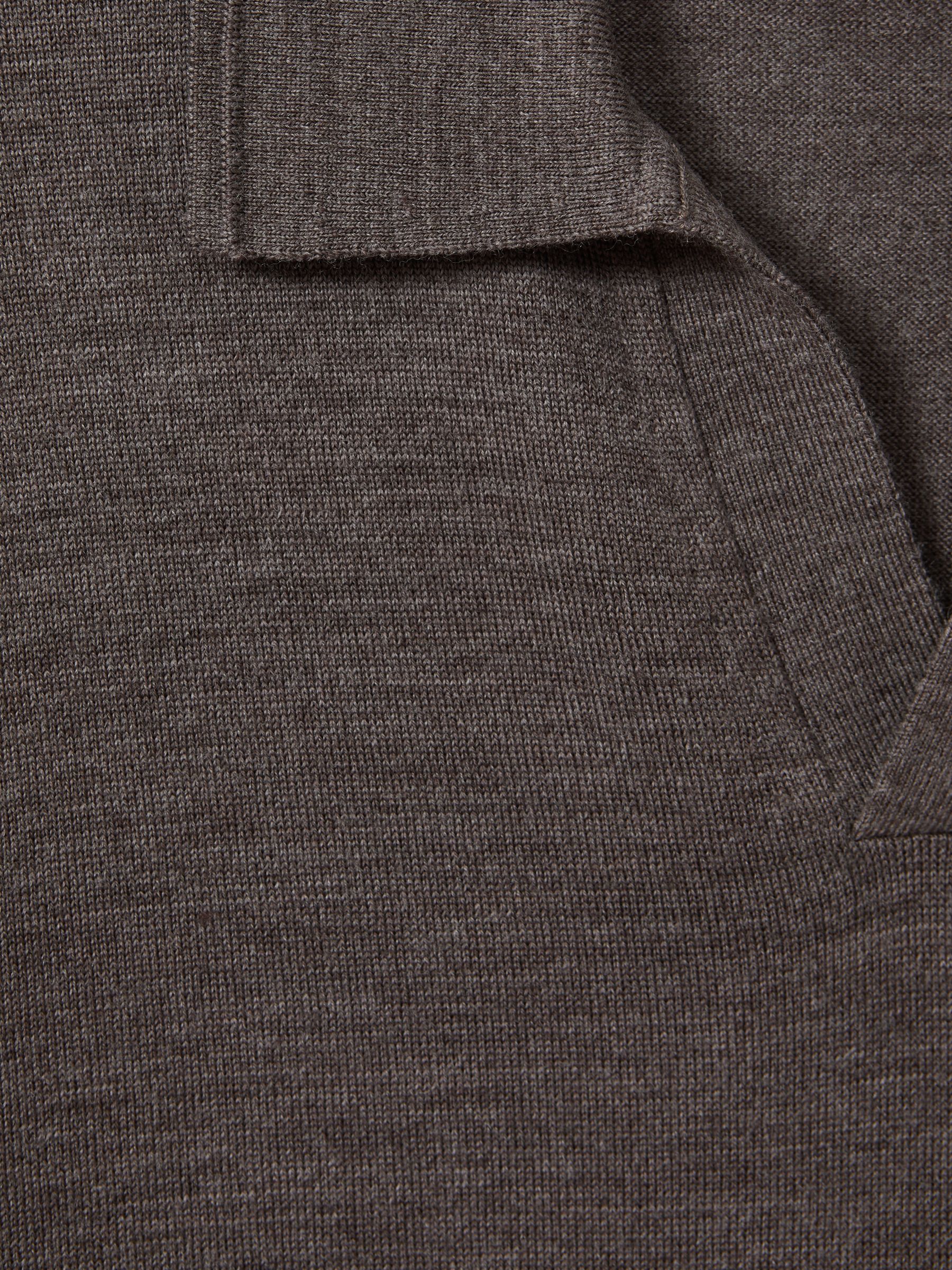 Merino Wool Open Collar Polo Shirt in Dark Brown Melange - Image 5 of 5