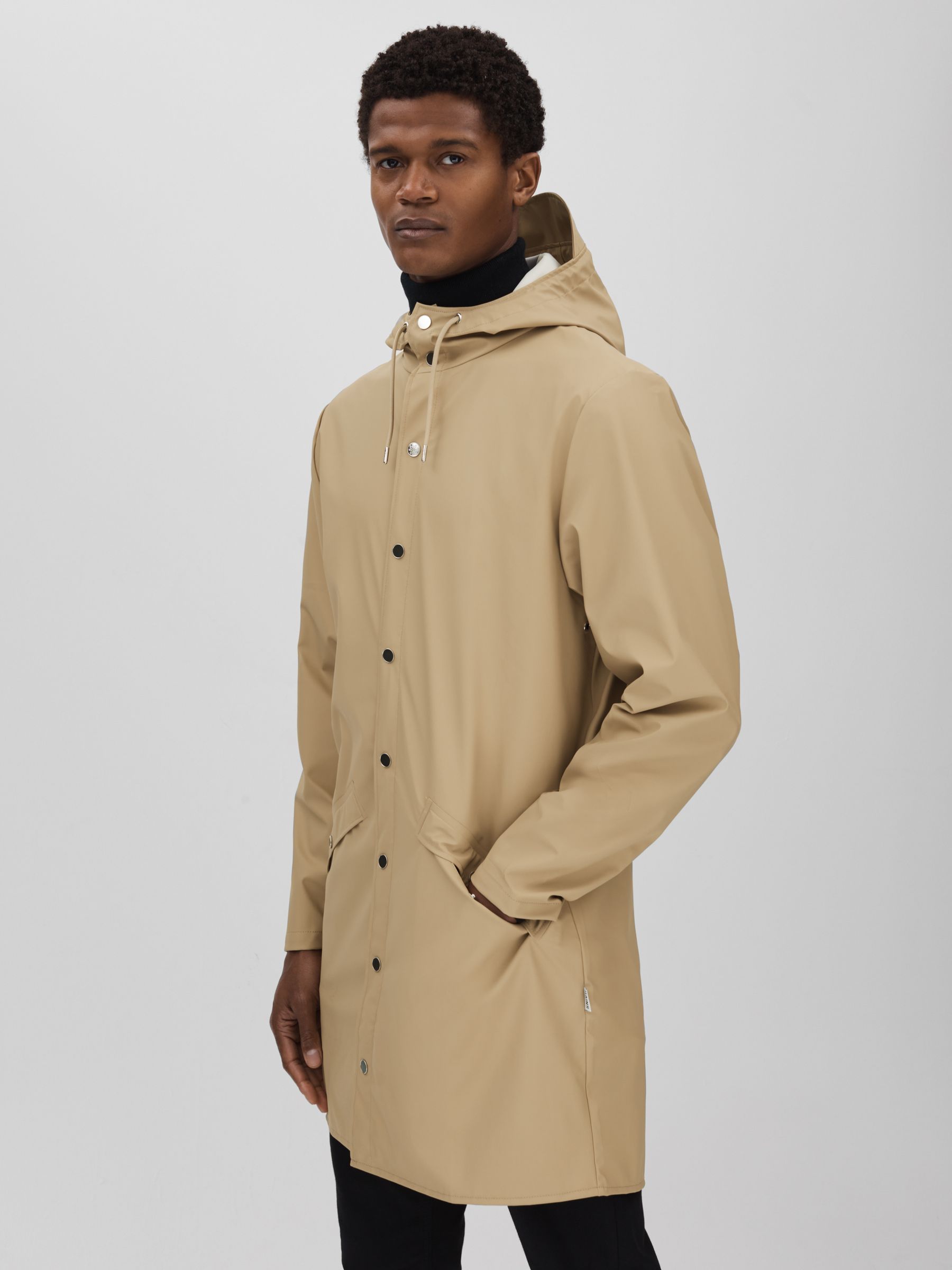 Rains Longline Hooded Raincoat in Sand - Image 1 of 6
