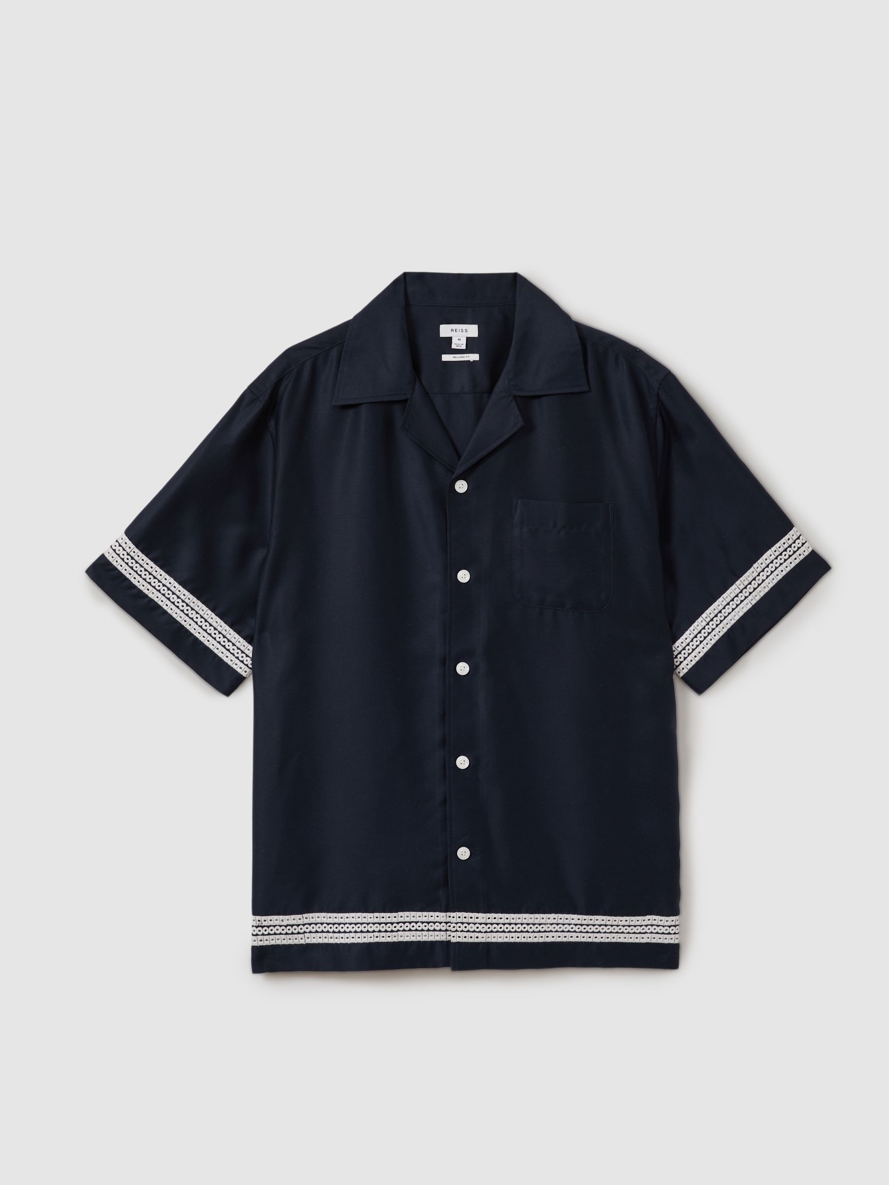 Relaxed Embroidered Trim Cuban Collar Shirt in Navy/White - Image 2 of 5