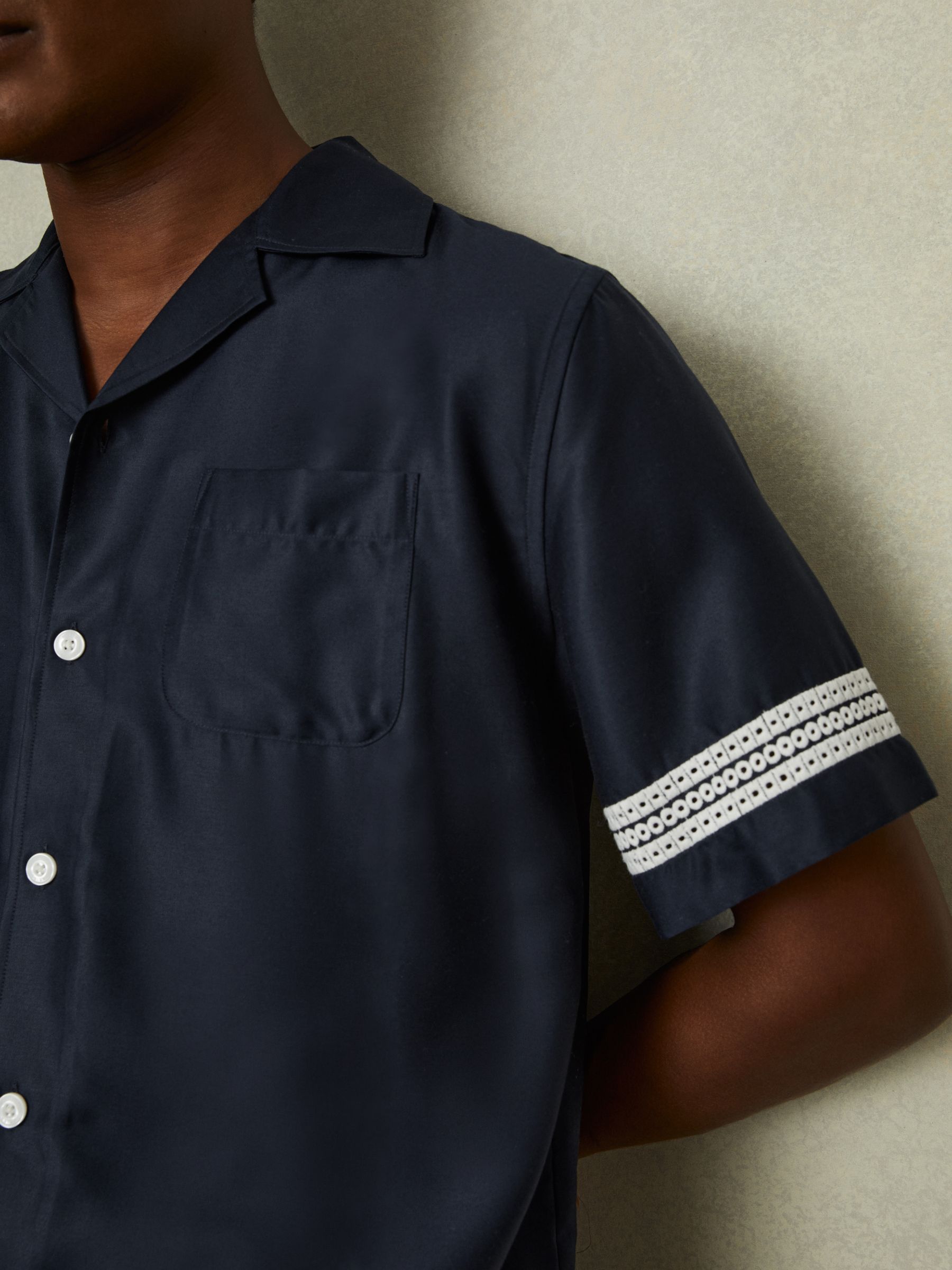 Relaxed Embroidered Trim Cuban Collar Shirt in Navy/White - Image 2 of 5 Relaxed Embroidered Trim Cuban Collar Shirt in Navy/White - Image 2 of 5