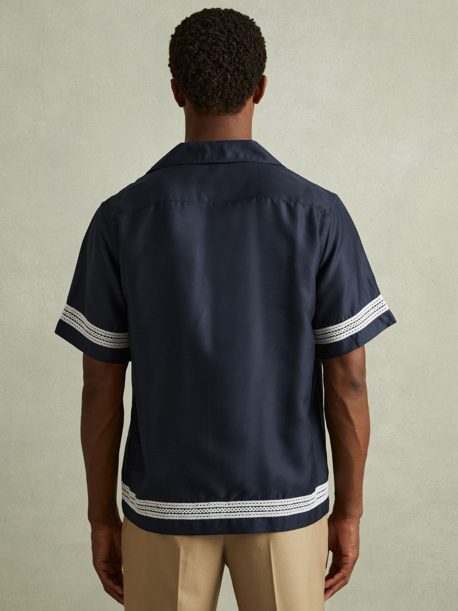 Relaxed Embroidered Trim Cuban Collar Shirt in Navy/White - Image 4 of 5