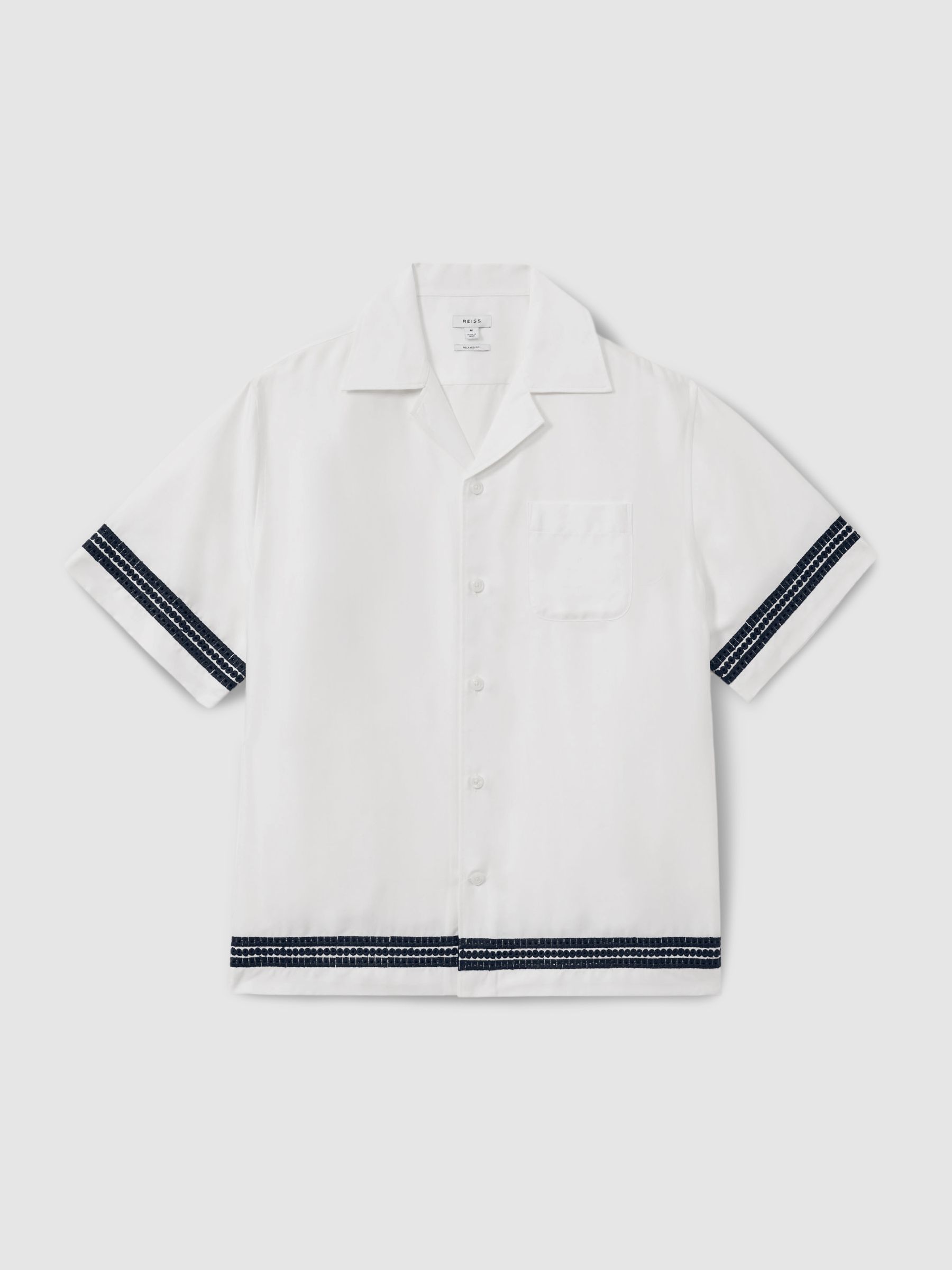 Relaxed Embroidered Trim Cuban Collar Shirt in White/Navy - Image 2 of 5