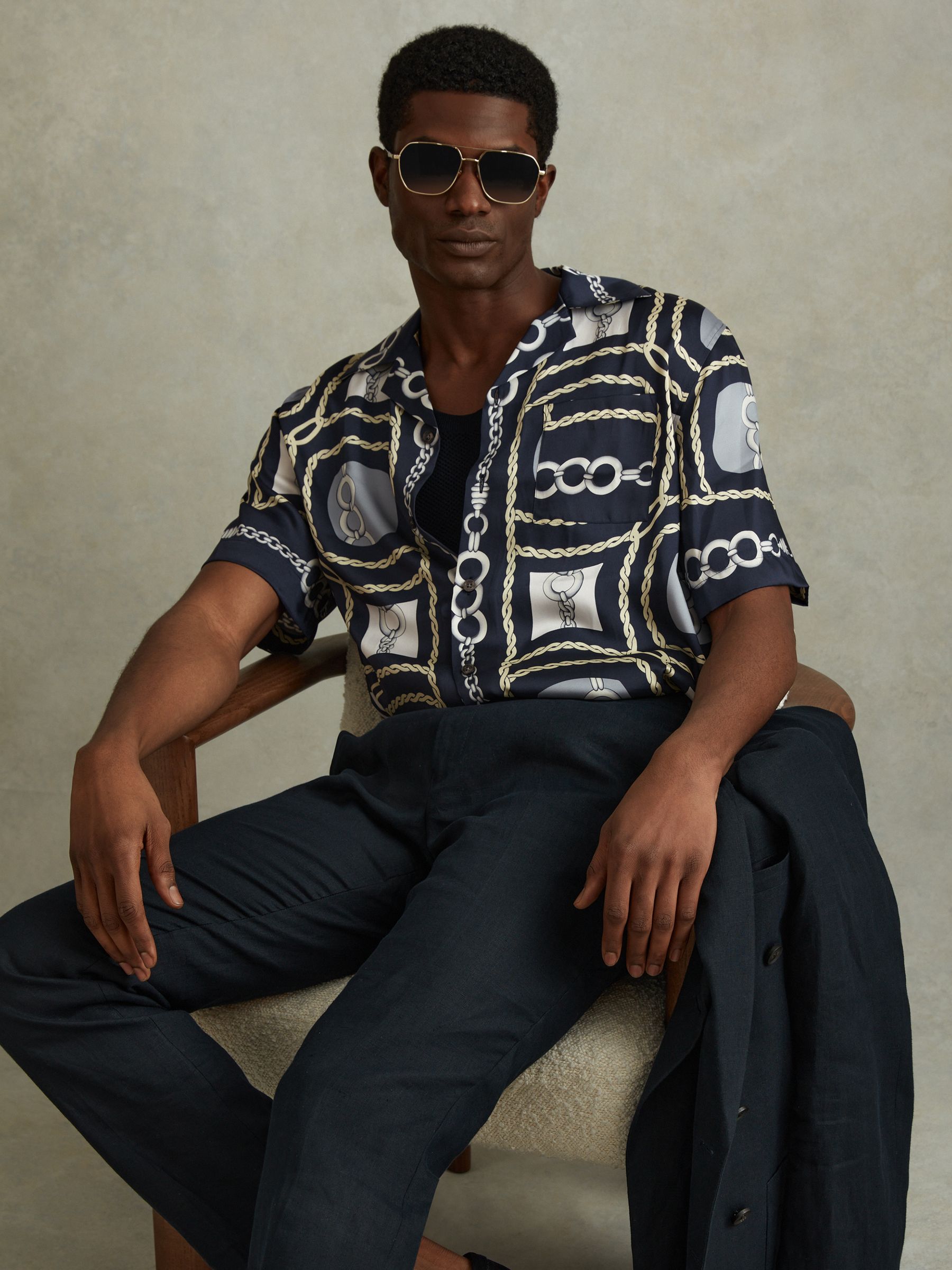 Chain Print Cuban Collar Shirt in Navy - Image 1 of 5