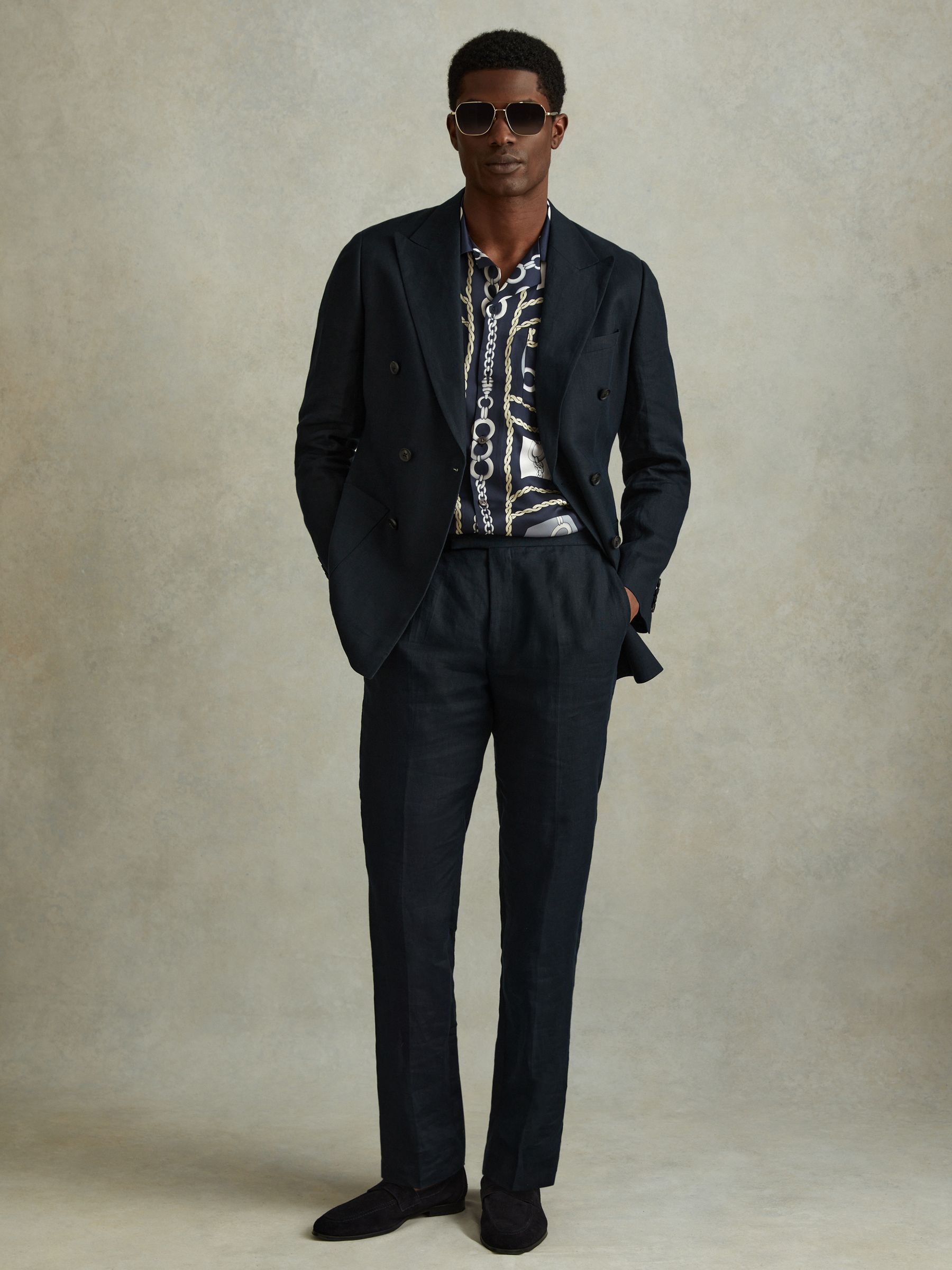 Chain Print Cuban Collar Shirt in Navy - Image 3 of 5