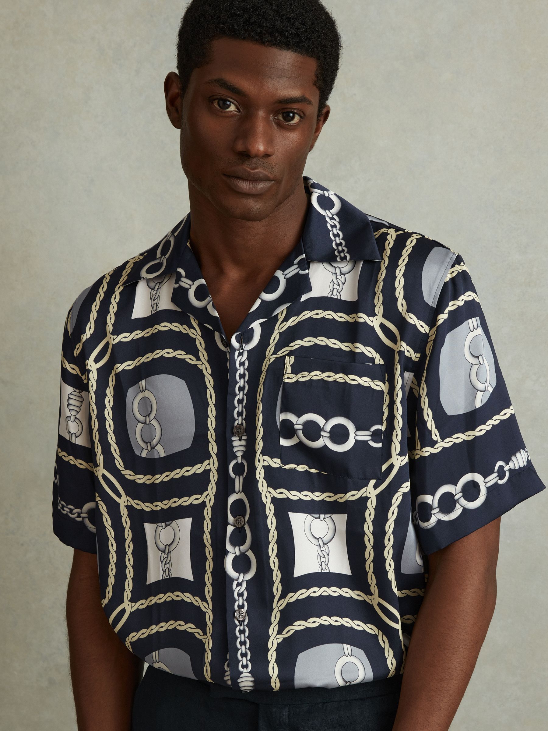 Chain Print Cuban Collar Shirt in Navy - Image 4 of 5