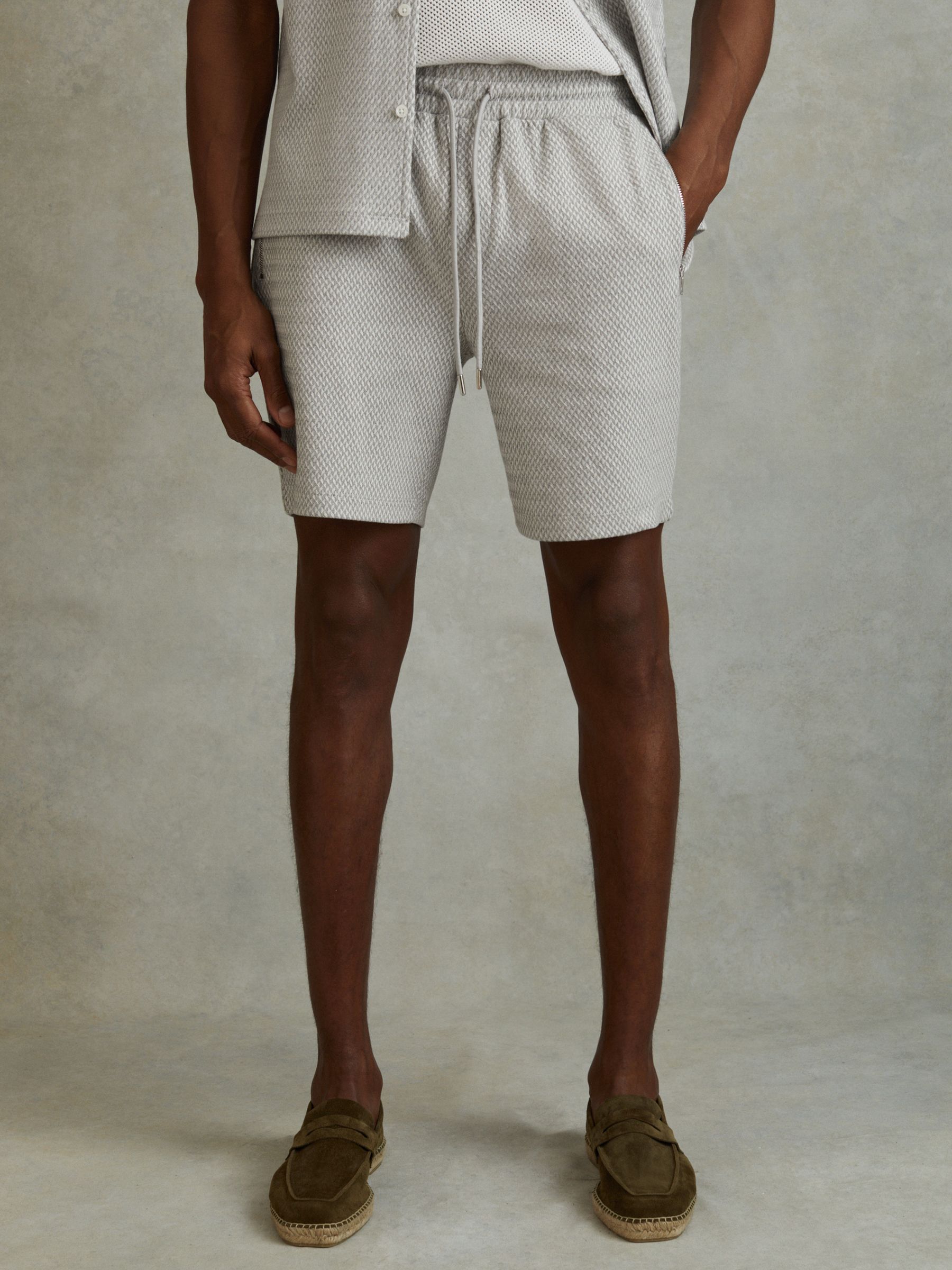 Cotton Blend Jacquard Drawstring Shorts in Light Grey - Image 3 of 6