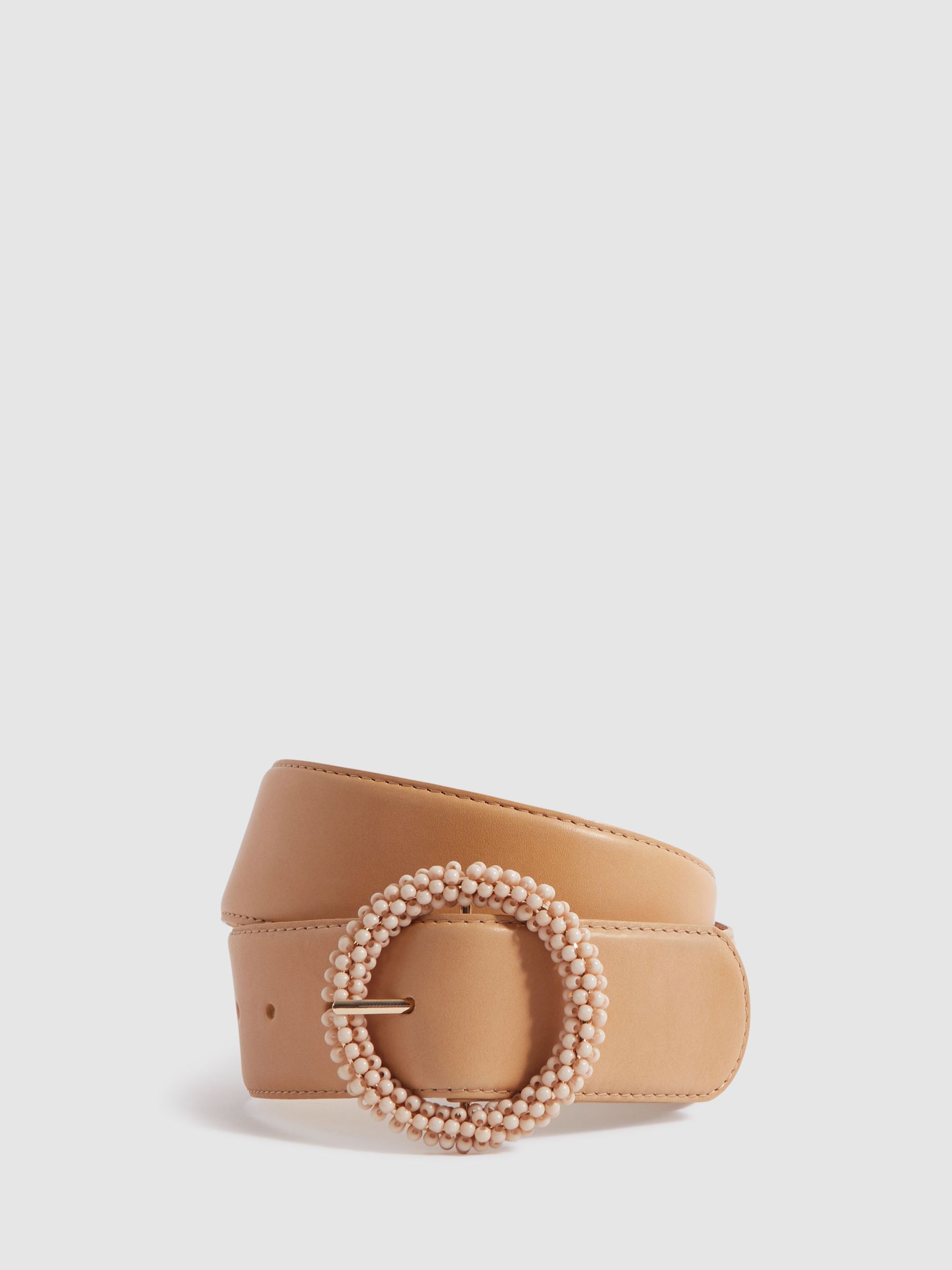 Leather Beaded Buckle Belt in Tan - Image 1 of 4