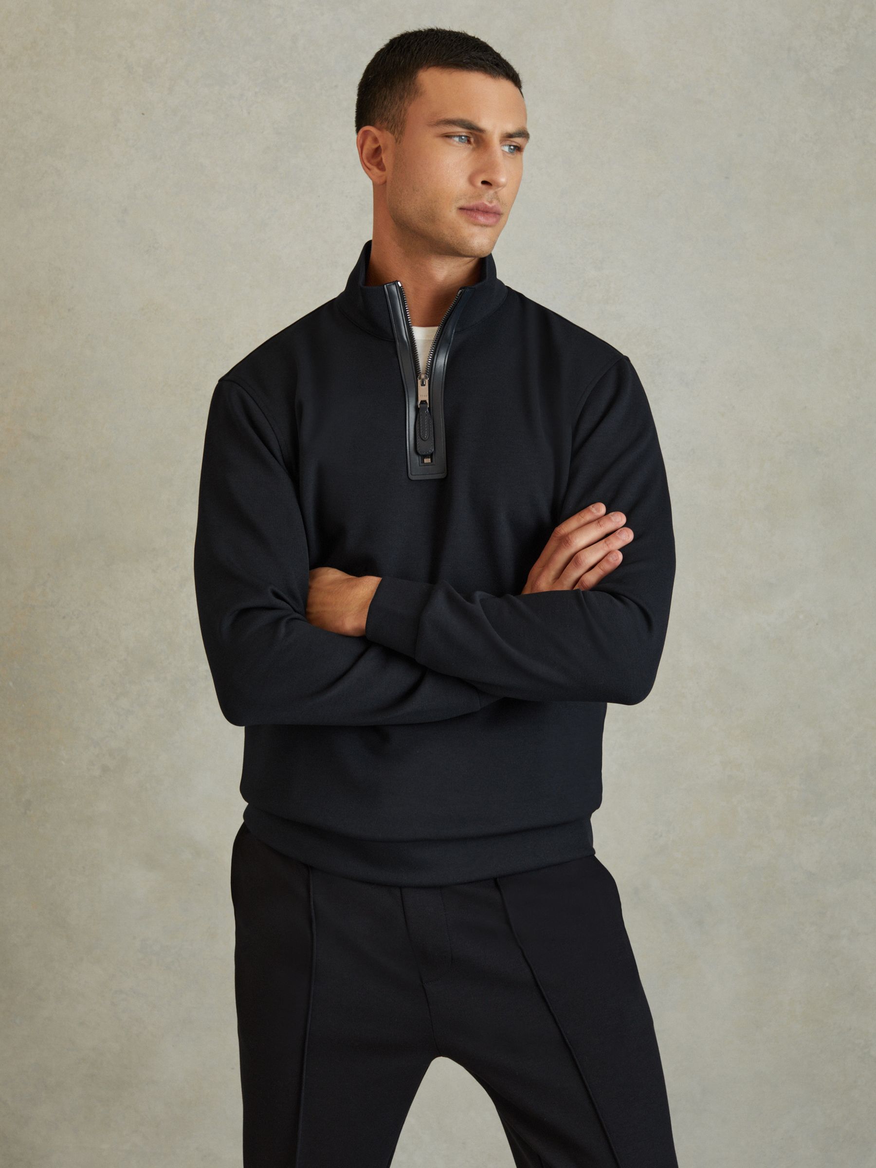 Contrast Half-Zip Funnel Neck Jumper in Navy Blue - Image 1 of 1