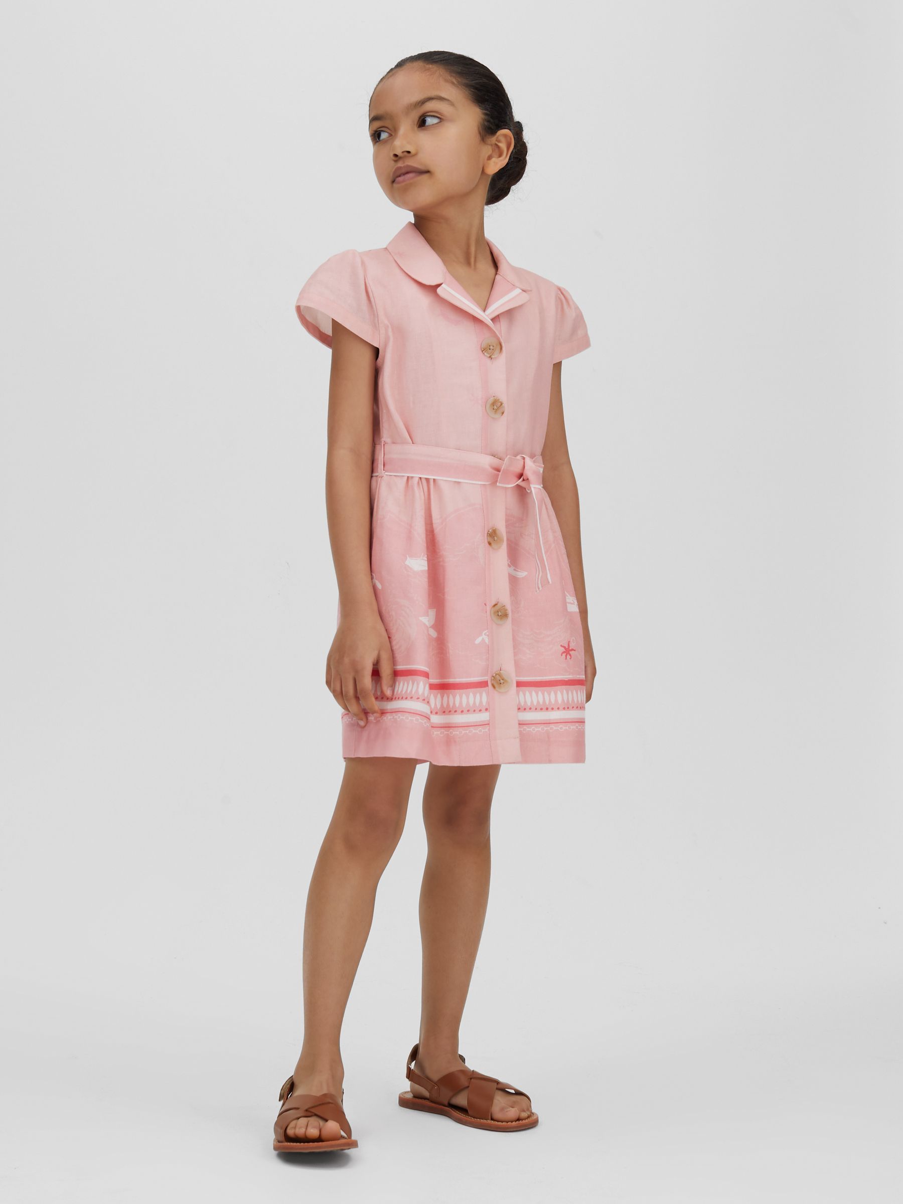 9-13 yrs Cotton-Linen Capped Sleeve Belted Dress in Pink Print - Image 3 of 4