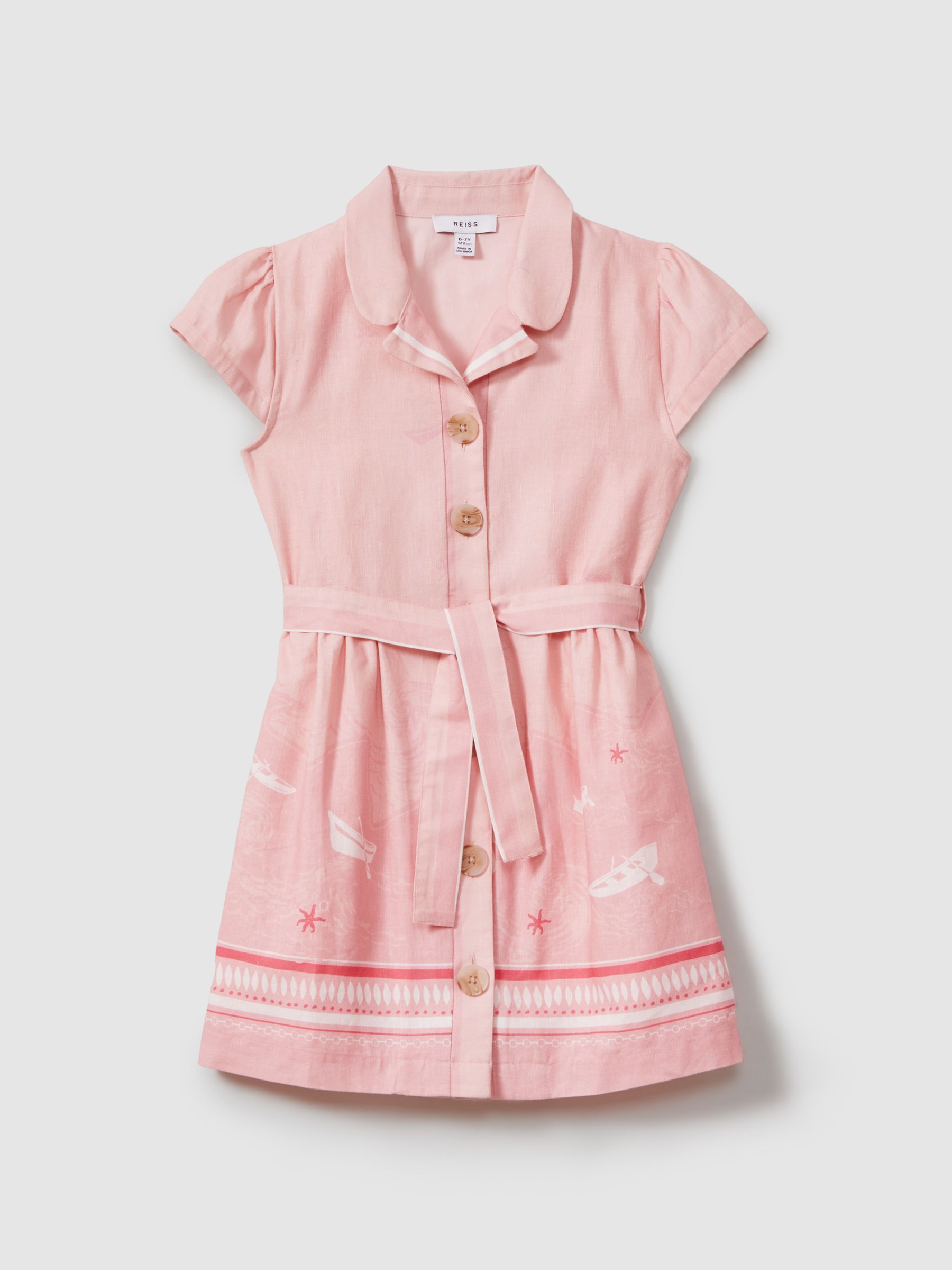 13-14 yrs Cotton-Linen Capped Sleeve Belted Dress in Pink Print - Image 1 of 4