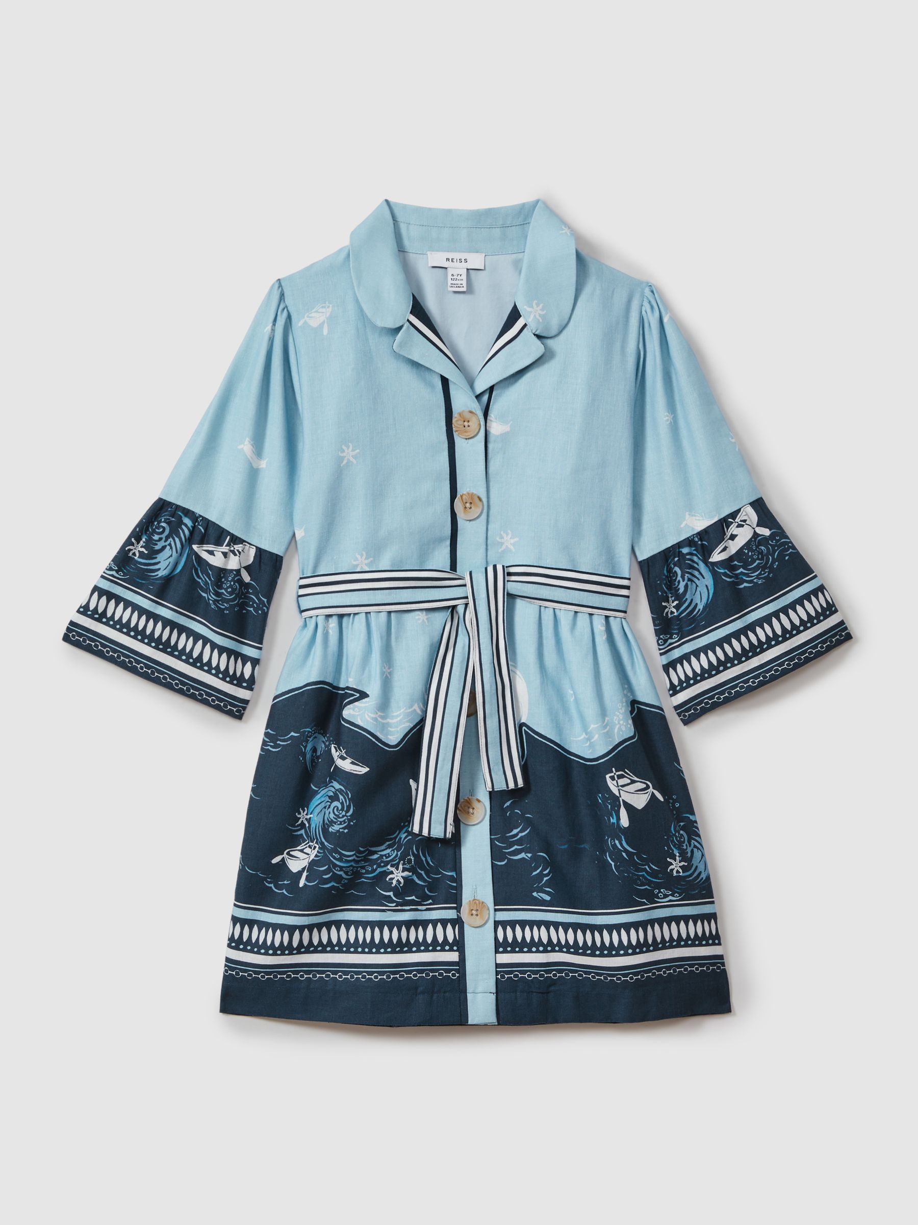 4-9 yrs Cotton-Linen Flared Sleeve Dress in Blue Print - Image 2 of 4