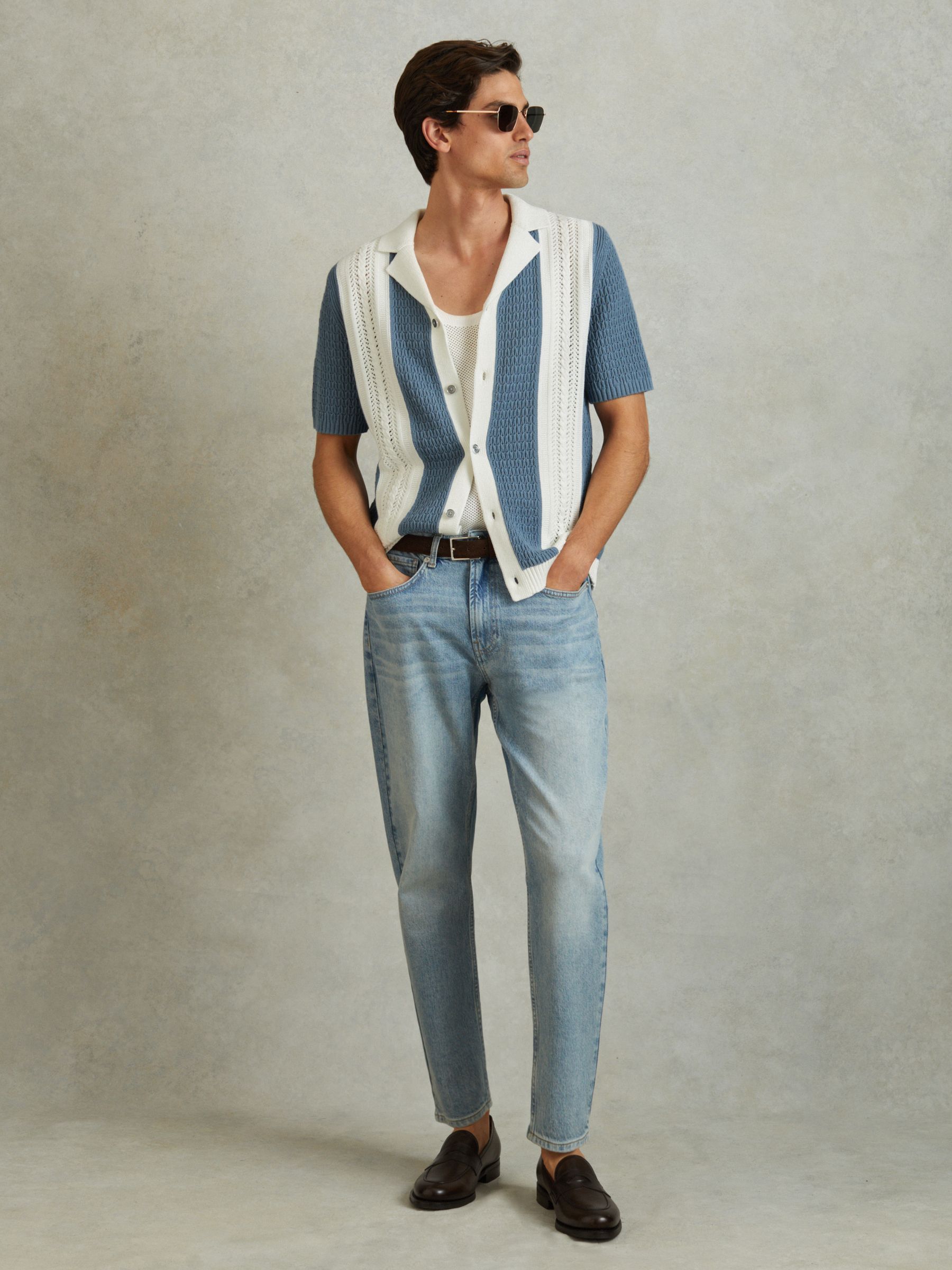 Crochet Striped Cuban Collar Shirt in Blue/White - Image 1 of 5