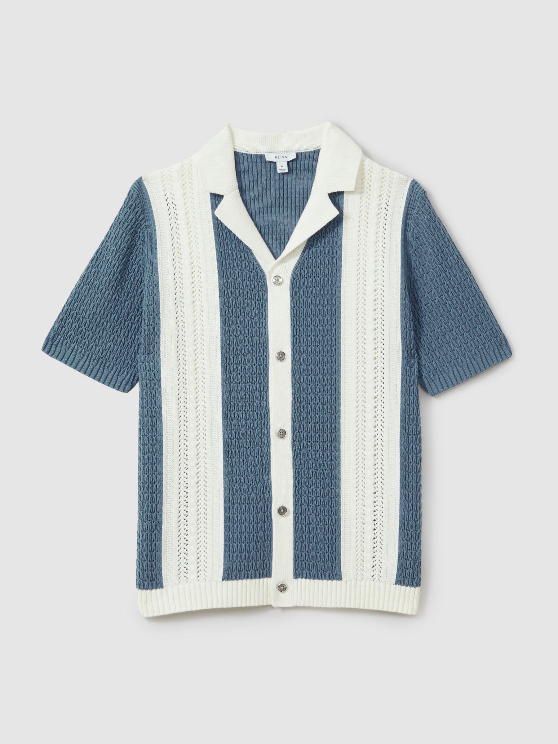 Crochet Striped Cuban Collar Shirt in Blue/White - Image 2 of 5