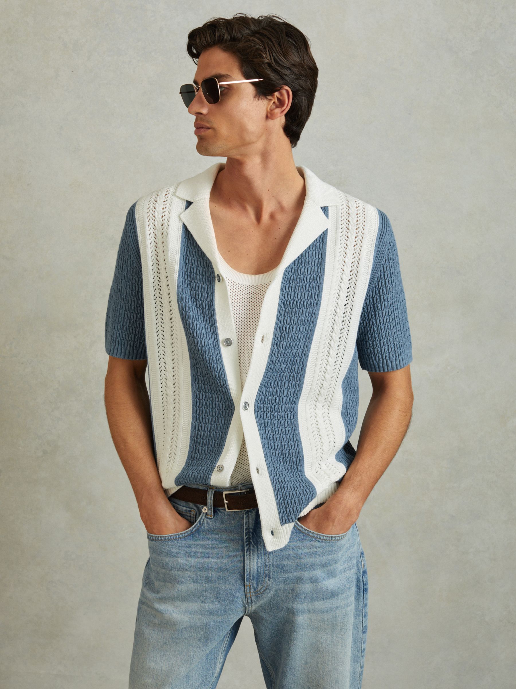 Crochet Striped Cuban Collar Shirt in Blue/White - Image 3 of 5
