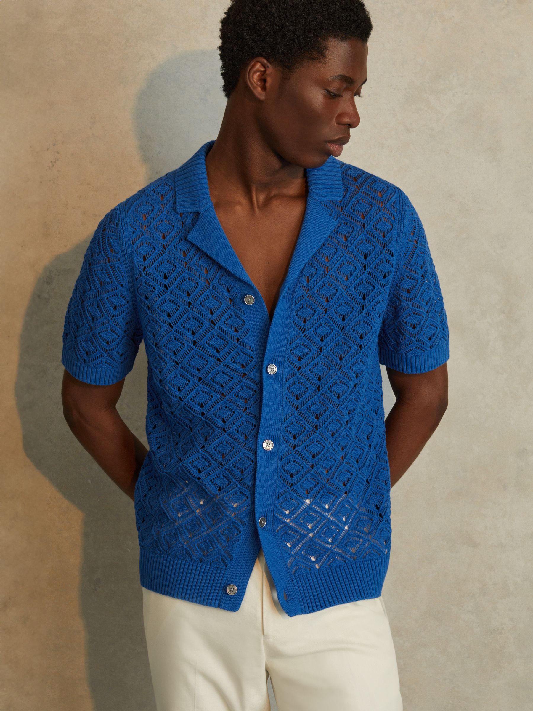 Crochet Cuban Collar Shirt in Bright Blue - Image 1 of 6 Crochet Cuban Collar Shirt in Bright Blue - Image 1 of 6
