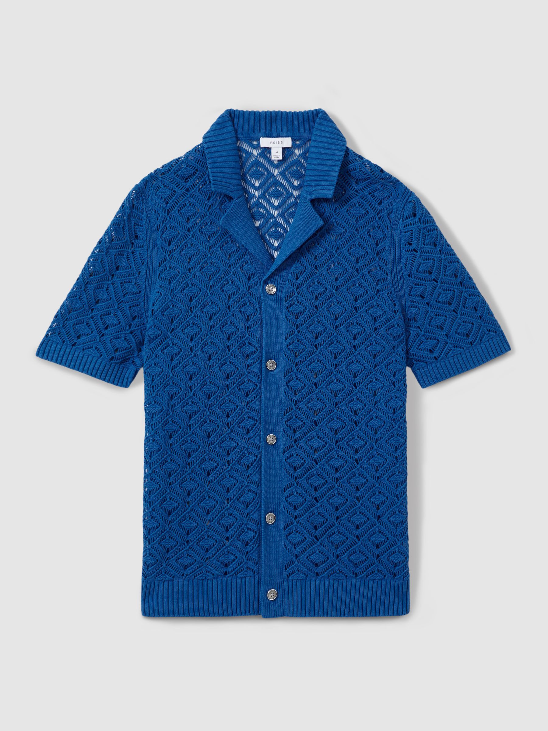 Crochet Cuban Collar Shirt in Bright Blue - Image 2 of 6 Crochet Cuban Collar Shirt in Bright Blue - Image 2 of 6