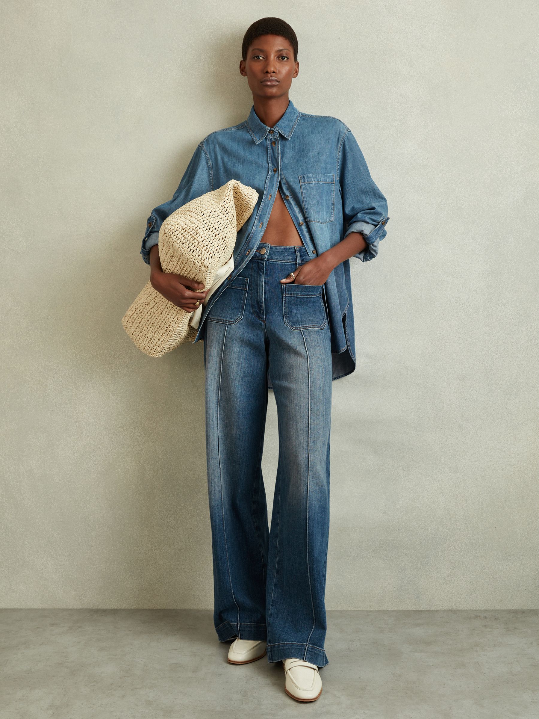 Front Pocket Wide Leg Jeans in Mid Blue - Image 4 of 6