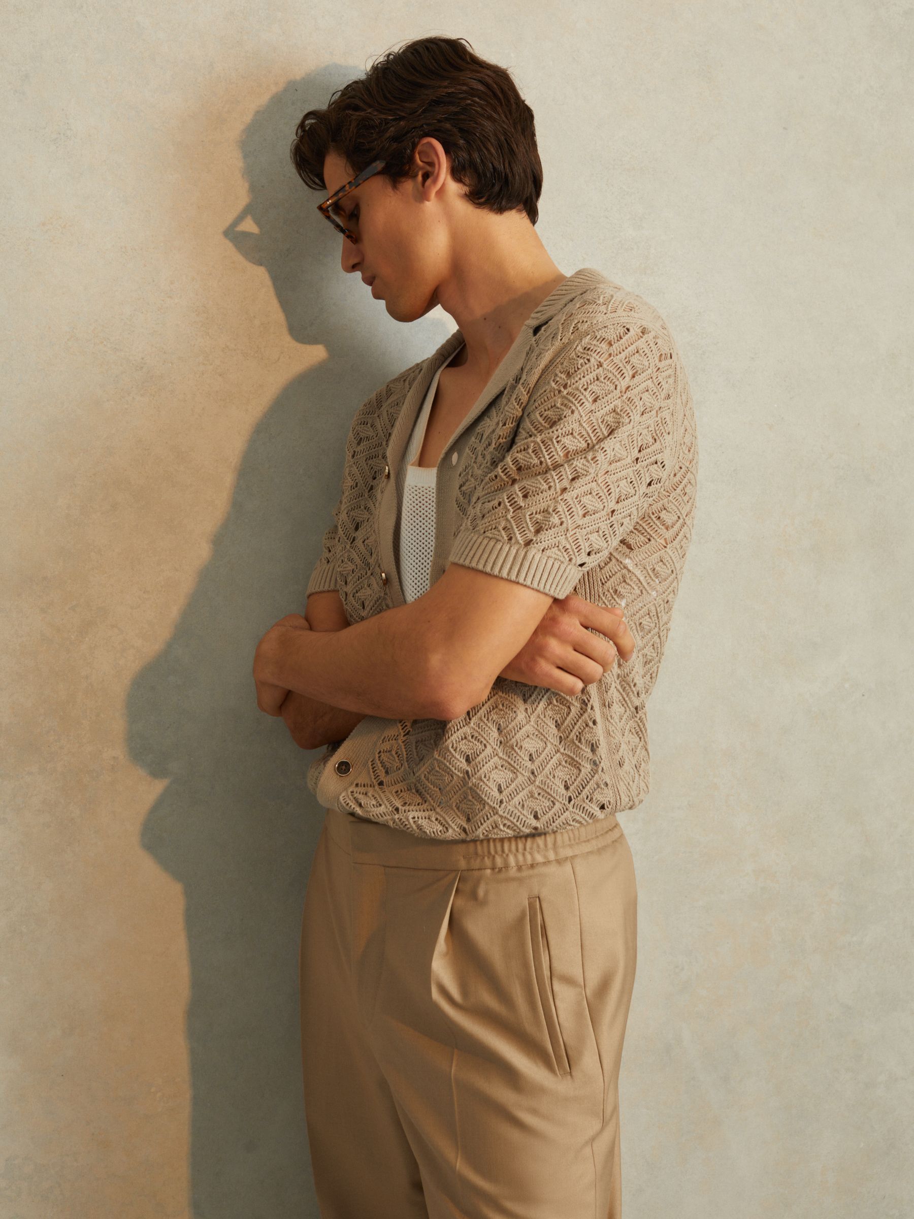 Crochet Cuban Collar Shirt in Stone - Image 1 of 6