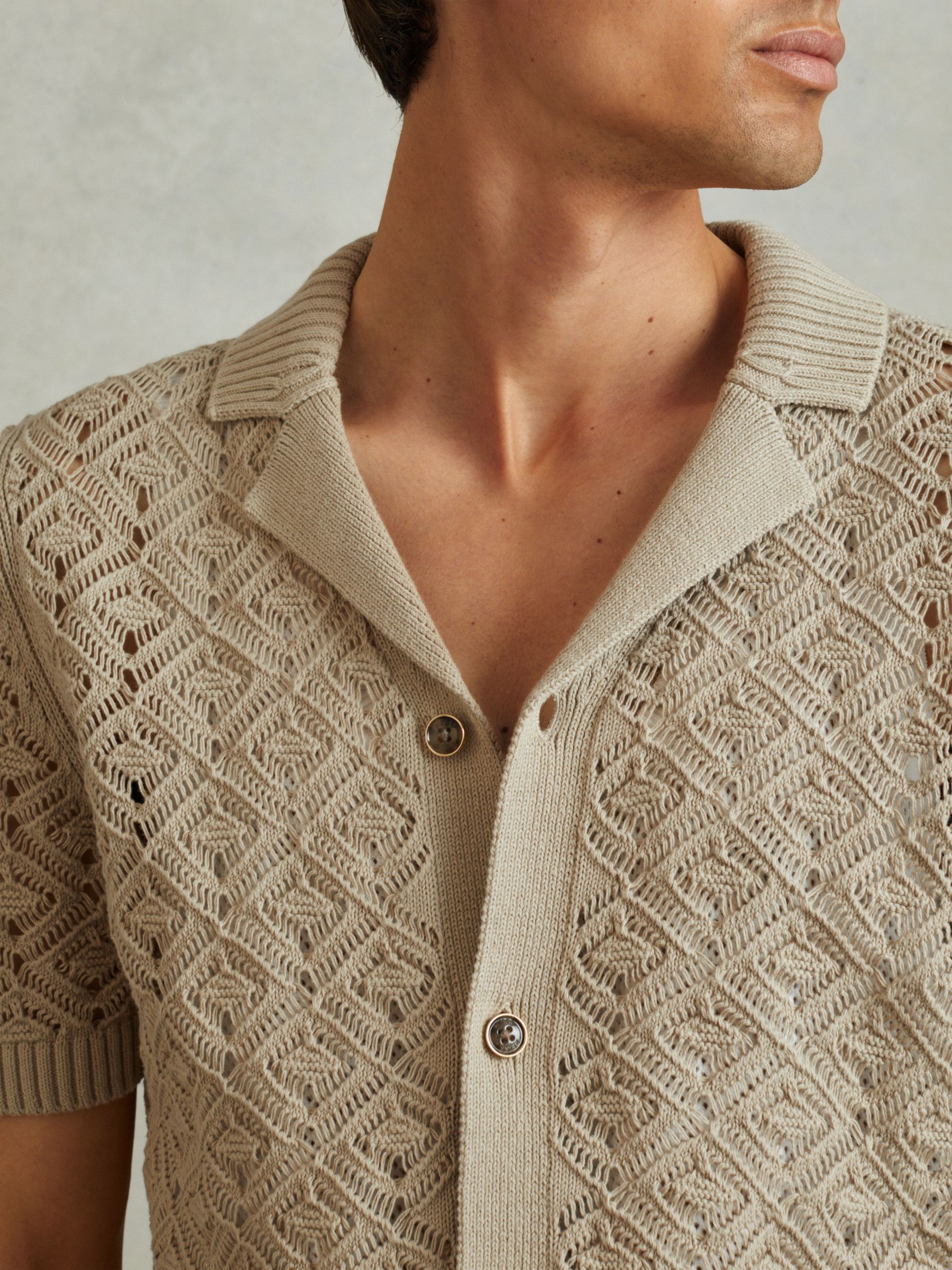 Crochet Cuban Collar Shirt in Stone - Image 4 of 6