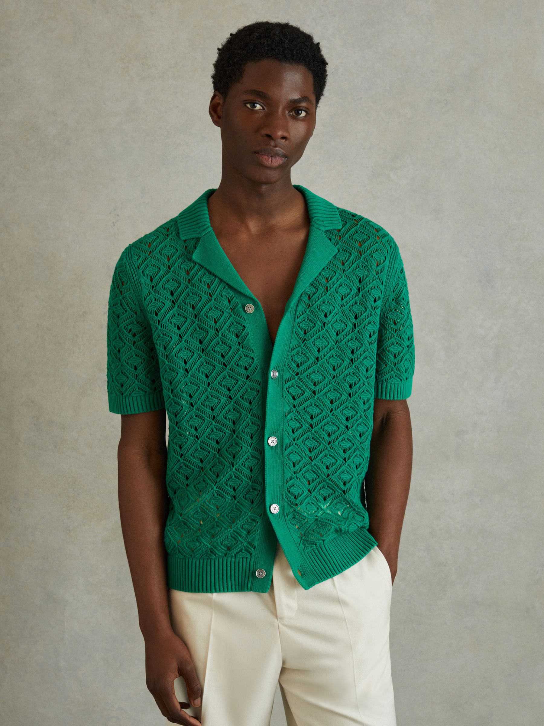 Crochet Cuban Collar Shirt in Bright Green - Image 1 of 5