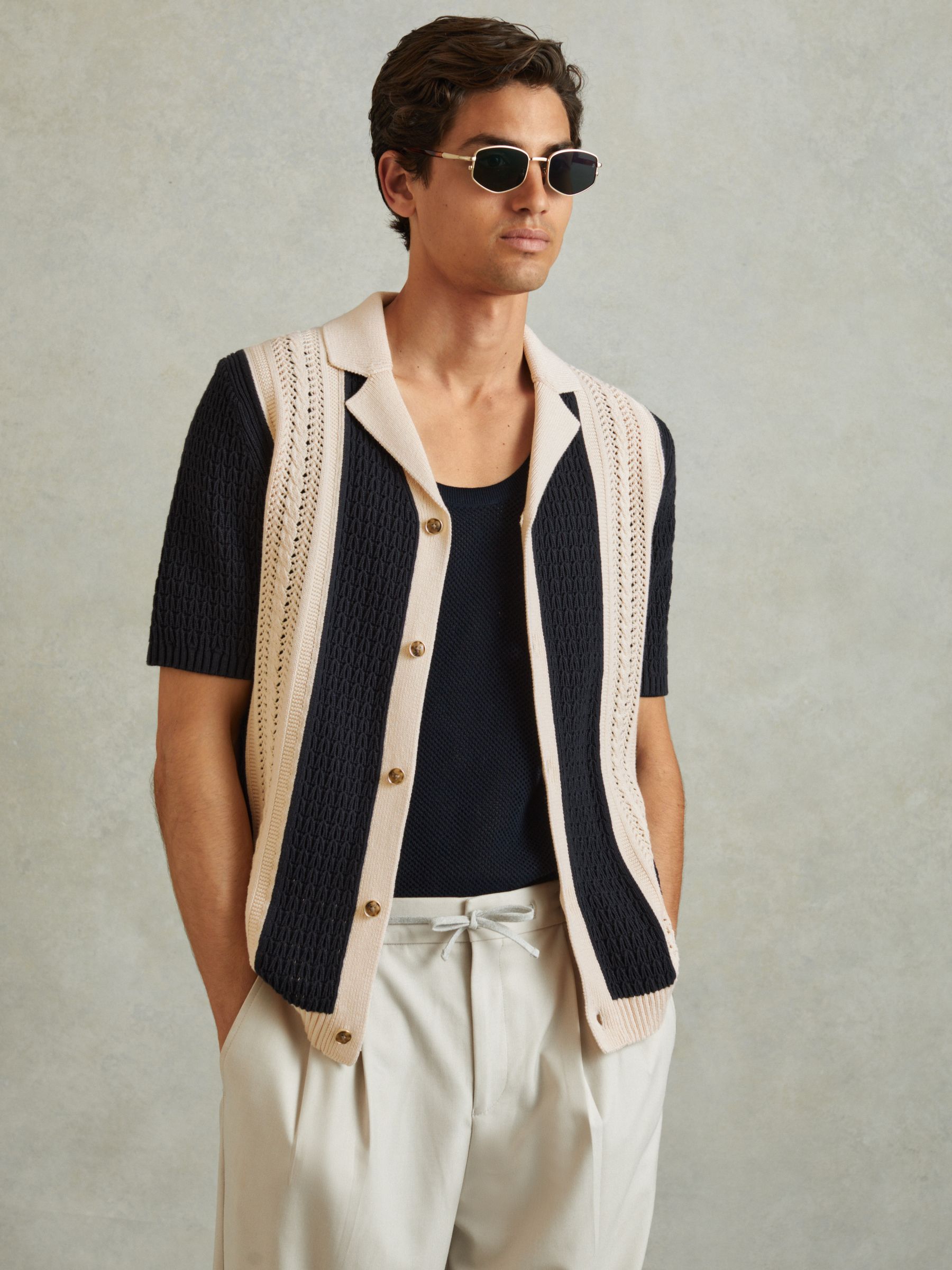 Crochet Striped Cuban Collar 100% Cotton Shirt in Navy/Stone - Image 1 of 5