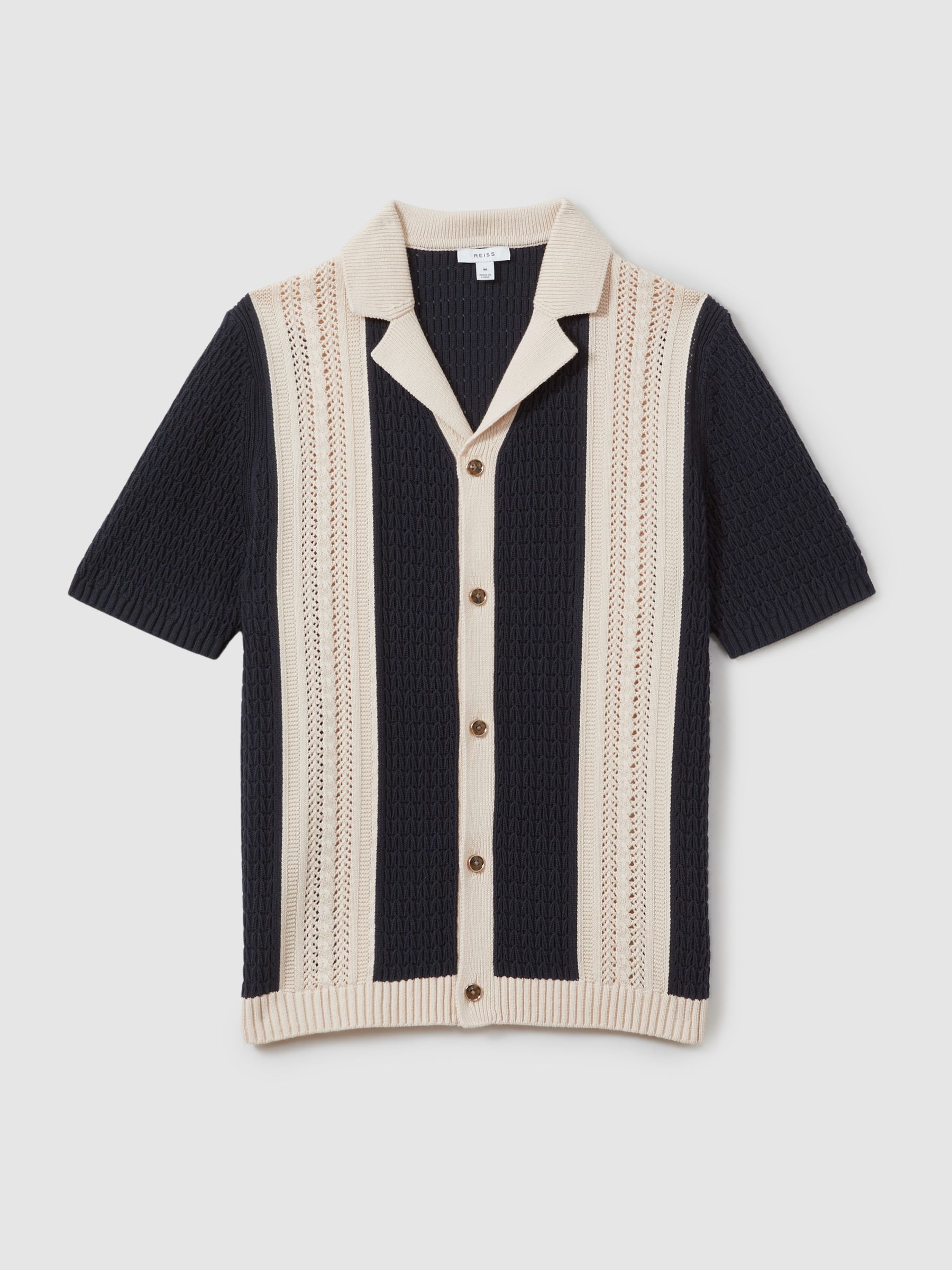 Crochet Striped Cuban Collar 100% Cotton Shirt in Navy/Stone - Image 2 of 5