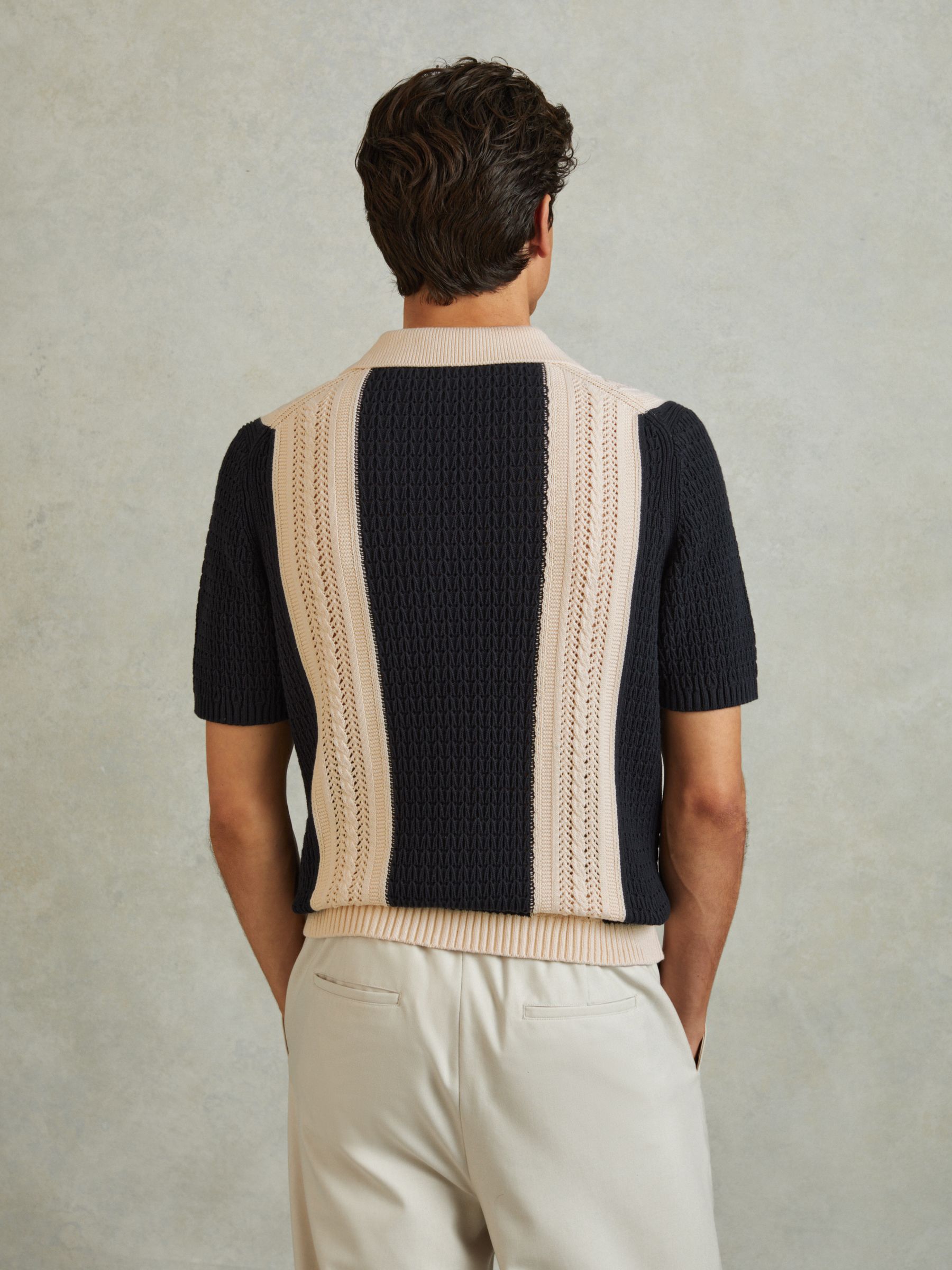 Crochet Striped Cuban Collar 100% Cotton Shirt in Navy/Stone - Image 4 of 5