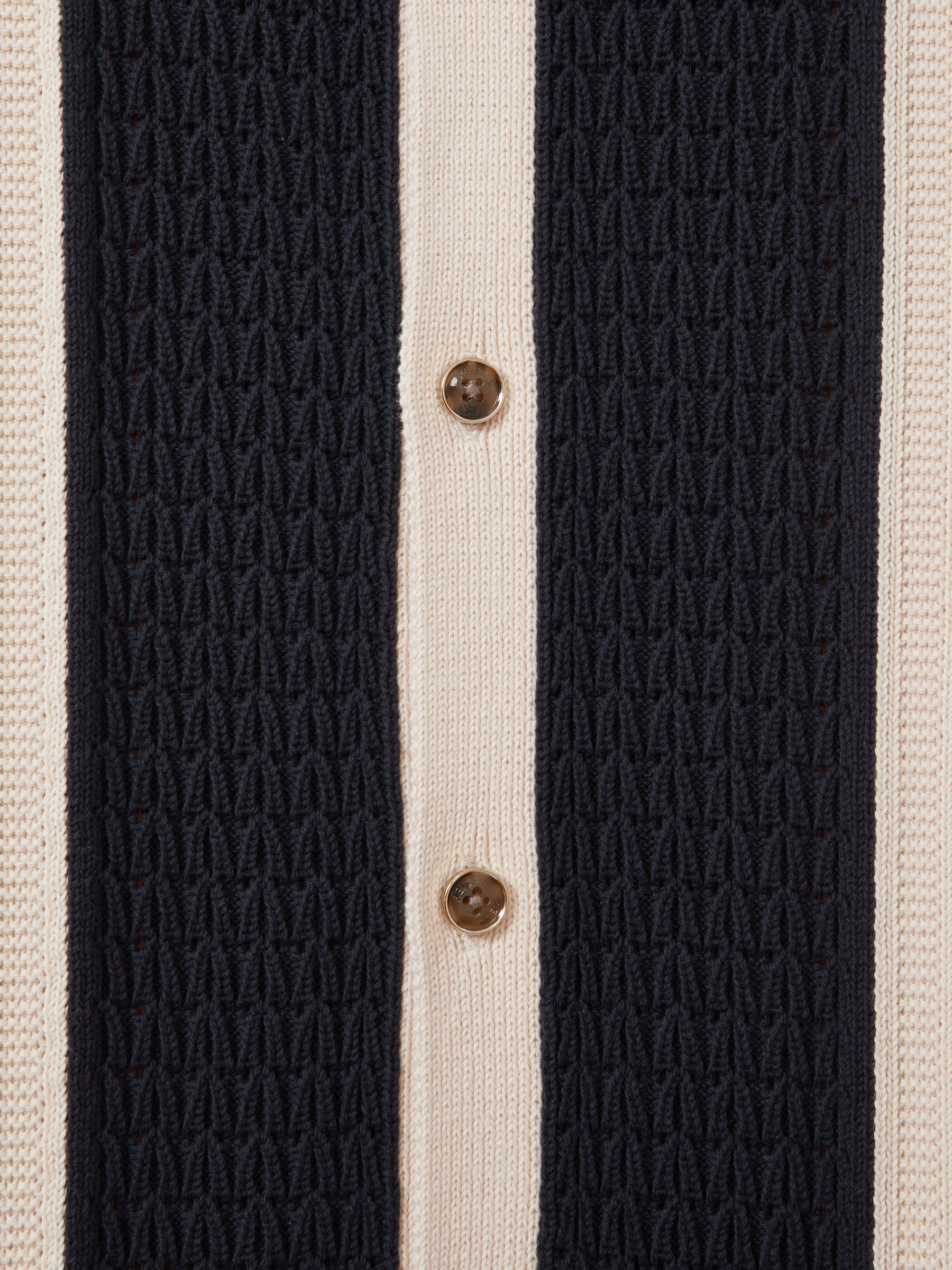 Crochet Striped Cuban Collar 100% Cotton Shirt in Navy/Stone - Image 5 of 5
