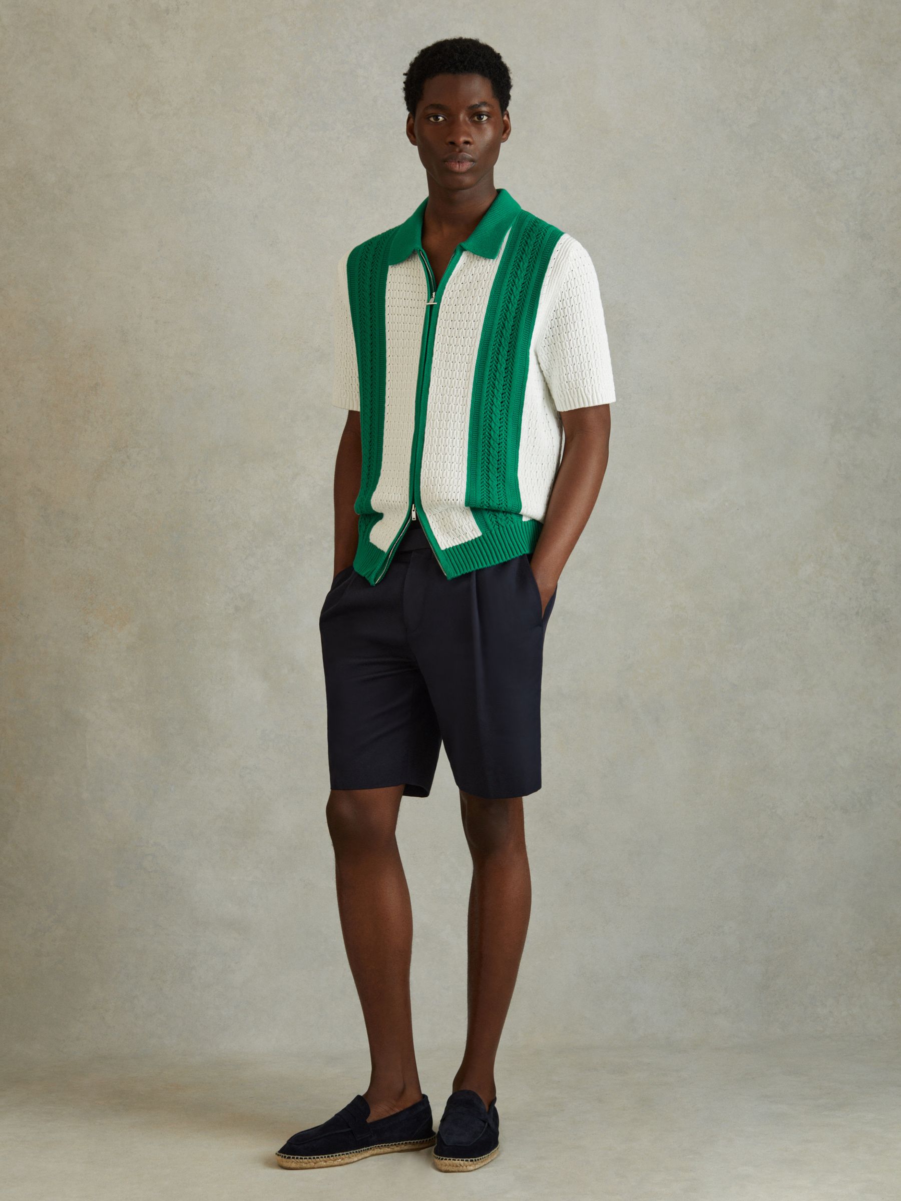 Crochet Zip-Front Shirt in White/Bright Green - Image 1 of 5