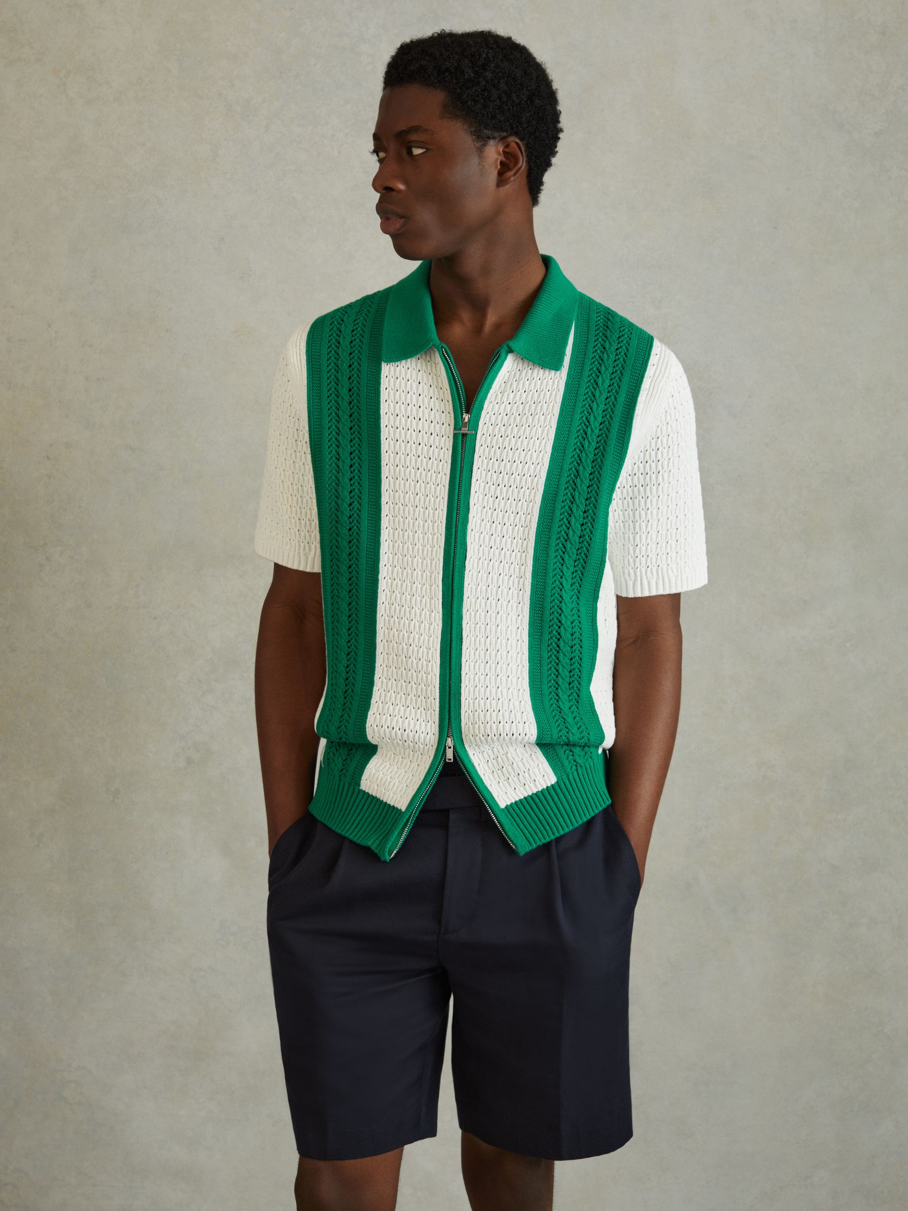 Crochet Zip-Front Shirt in White/Bright Green - Image 3 of 5