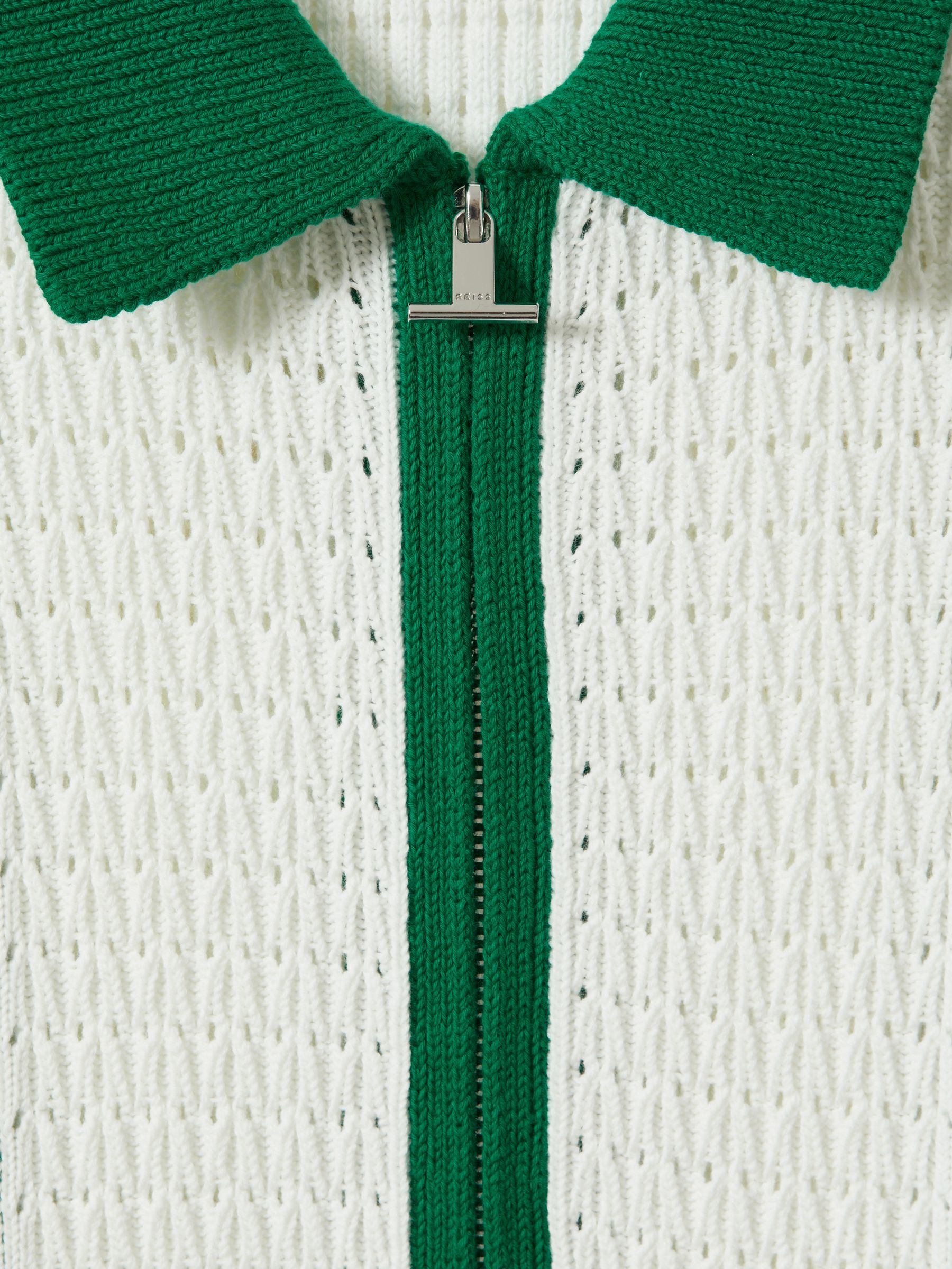 Crochet Zip-Front Shirt in White/Bright Green - Image 5 of 5