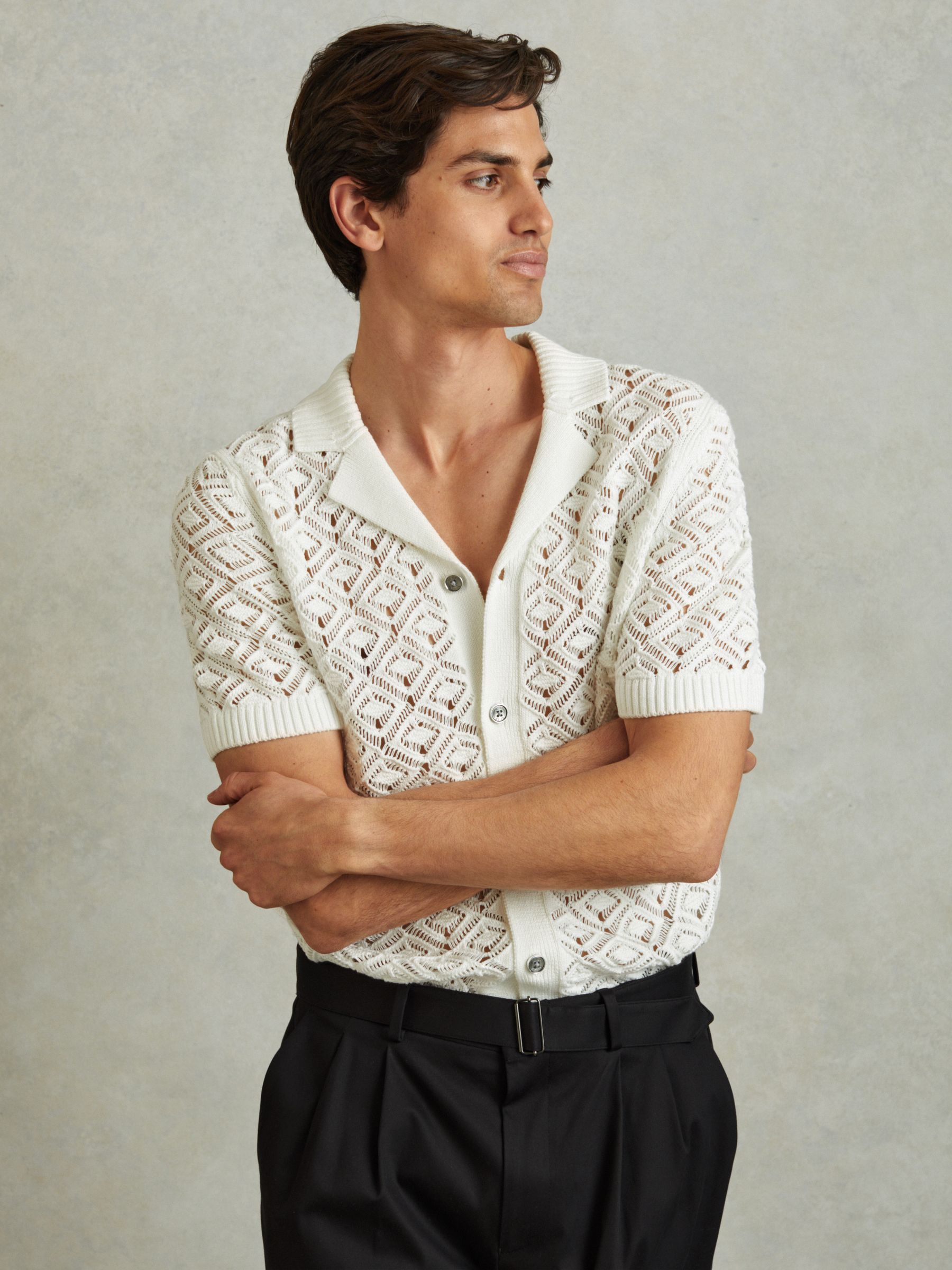 Crochet Cuban Collar Shirt in White - Image 3 of 5