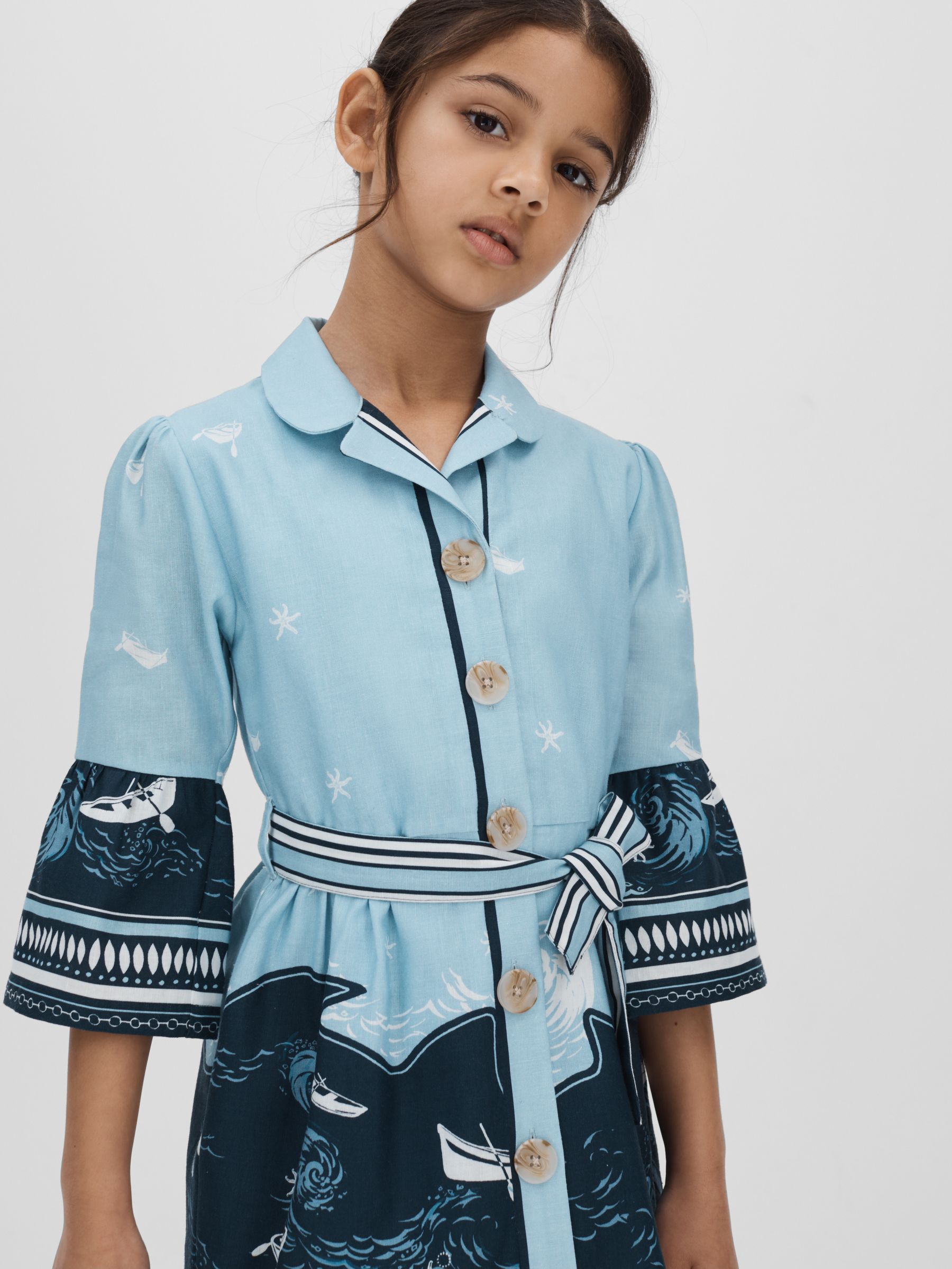 13-14 yrs Cotton-Linen Flared Sleeve Dress in Blue Print - Image 3 of 4