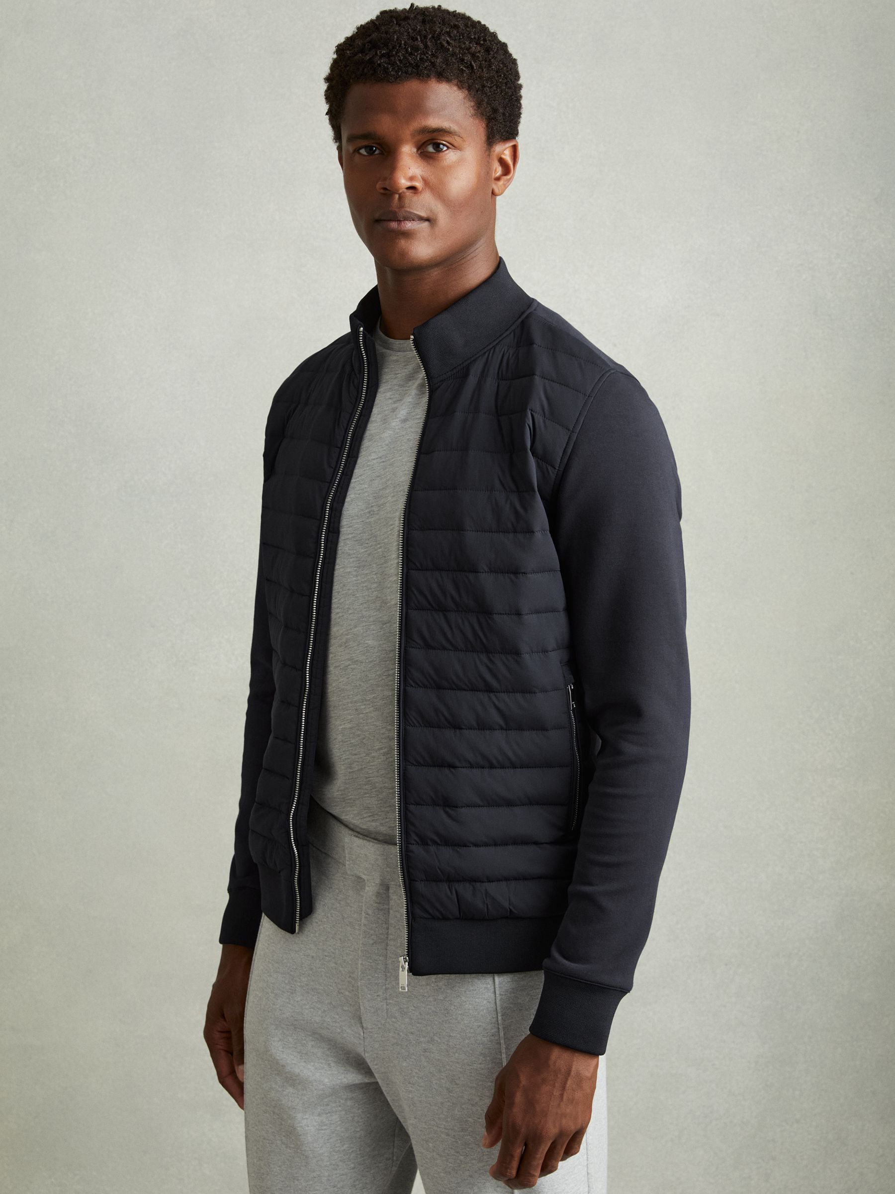Hybrid Quilt and Interlock Jersey Zip-Through Jacket in Navy - Image 1 of 5