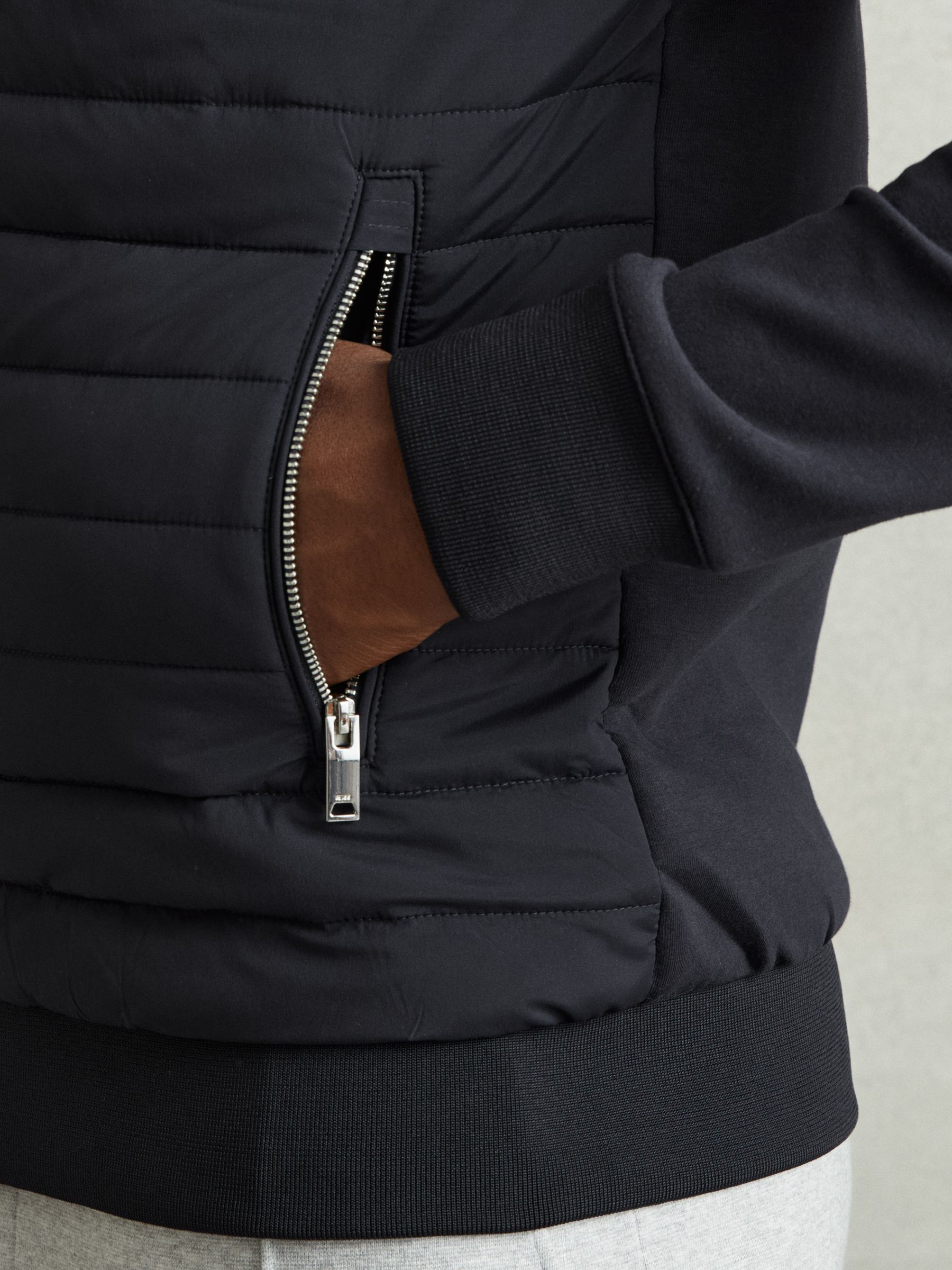 Hybrid Quilt and Interlock Jersey Zip-Through Jacket in Navy - Image 3 of 5